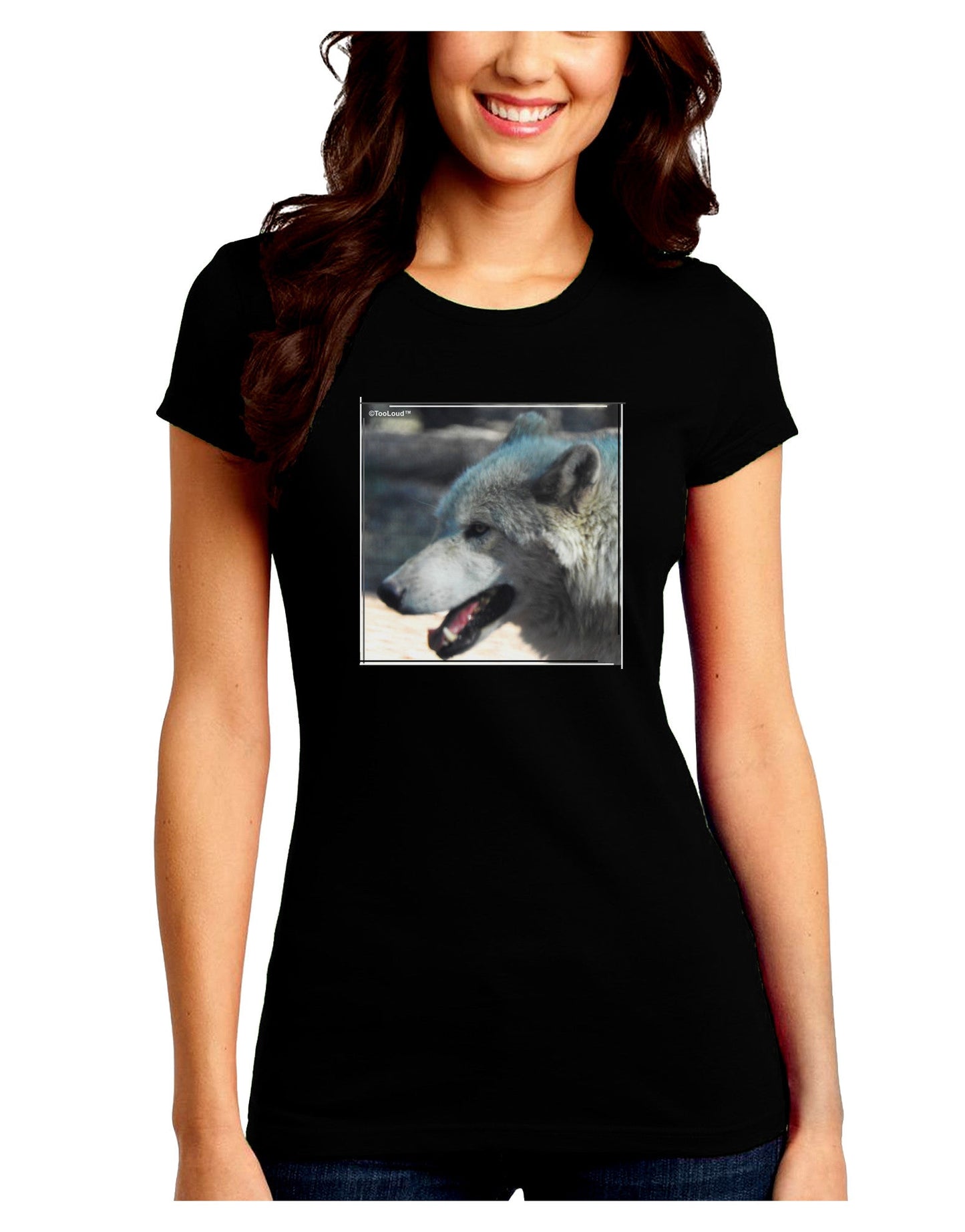 TooLoud White Wolf Face Juniors Petite Crew Dark T-Shirt-T-Shirts Juniors Tops-TooLoud-Black-Juniors Fitted Small-Davson Sales