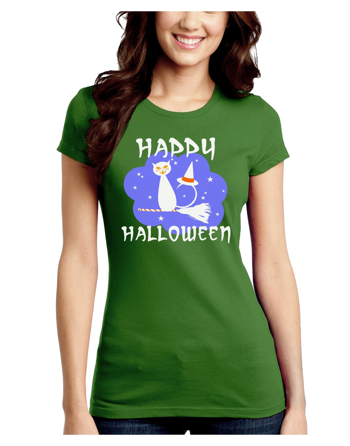 TooLoud Witch Cat Juniors Crew Dark T-Shirt-T-Shirts Juniors Tops-TooLoud-Kiwi-Green-Juniors Fitted Small-Davson Sales