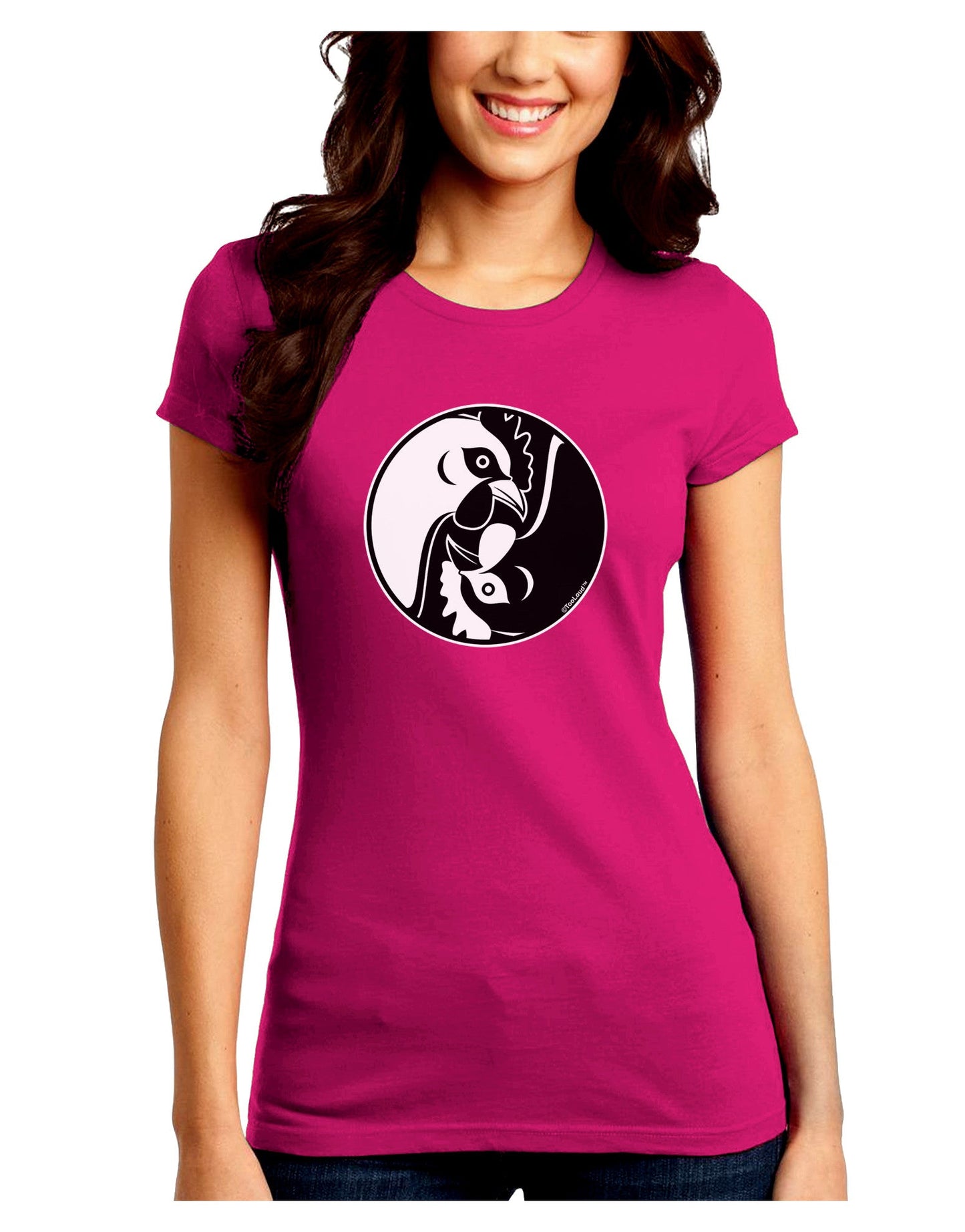 TooLoud Yin Yang Chicken Juniors Petite Crew Dark T-Shirt-T-Shirts Juniors Tops-TooLoud-Hot-Pink-Juniors Fitted Small-Davson Sales