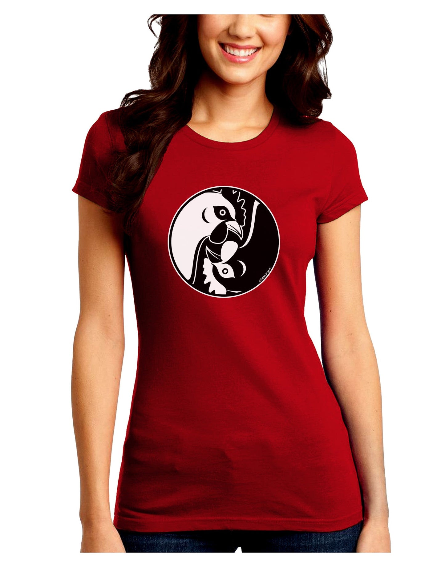 TooLoud Yin Yang Chicken Juniors Petite Crew Dark T-Shirt-T-Shirts Juniors Tops-TooLoud-Red-Juniors Fitted Small-Davson Sales