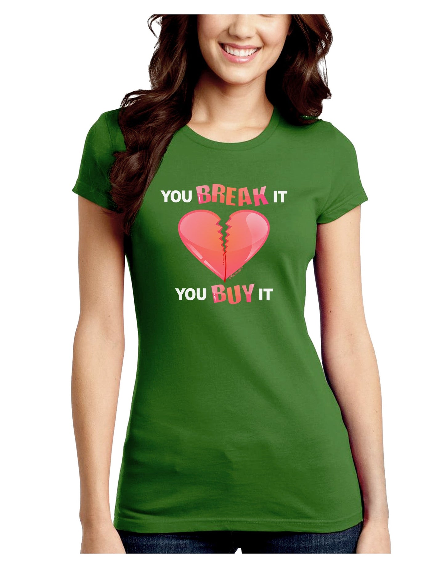 TooLoud You Break It You Buy It Heart Juniors Petite Crew Dark T-Shirt-T-Shirts Juniors Tops-TooLoud-Kiwi-Green-Juniors Fitted Small-Davson Sales
