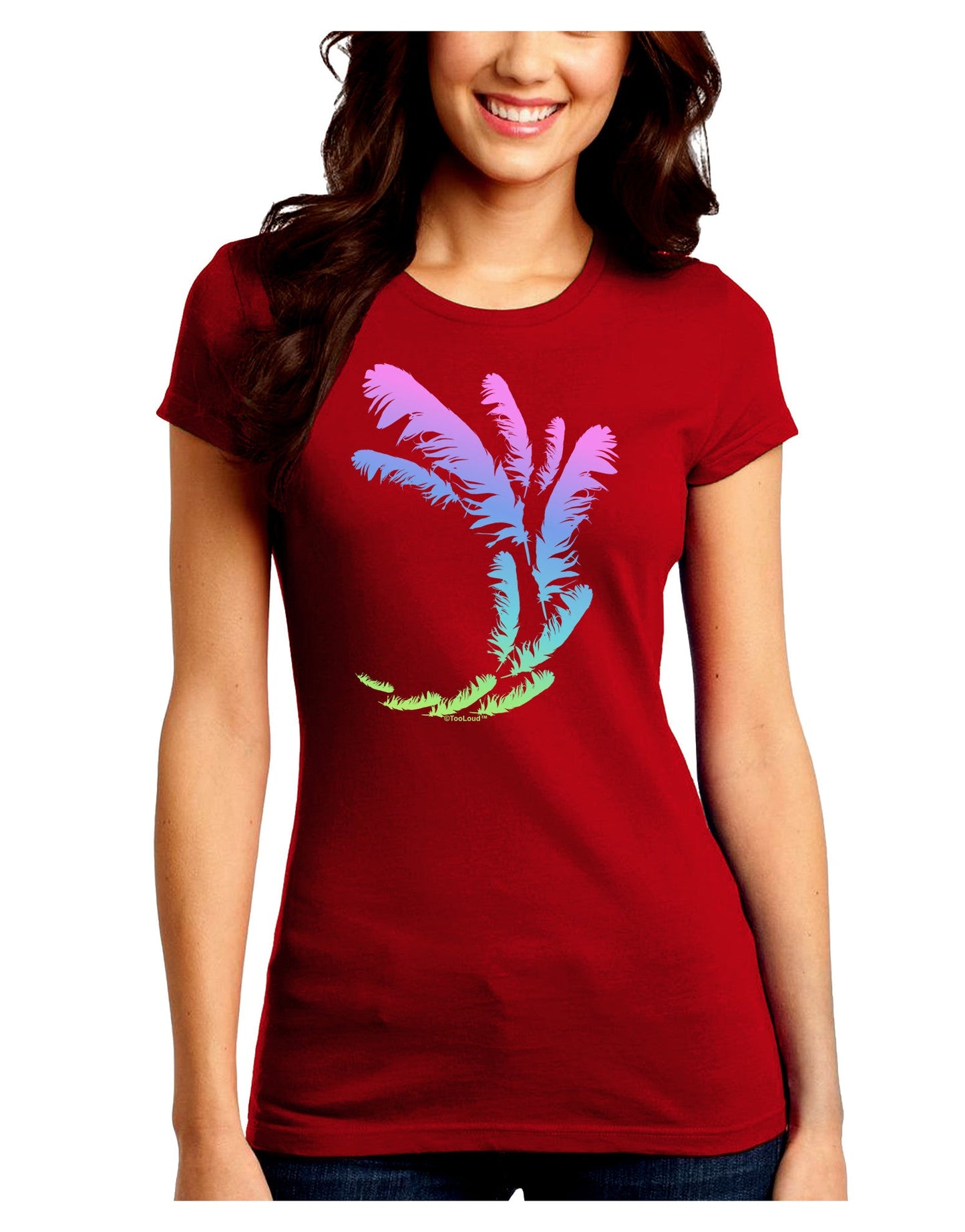 Tropical Feathers Juniors Petite Crew Dark T-Shirt-T-Shirts Juniors Tops-TooLoud-Red-Juniors Fitted Small-Davson Sales