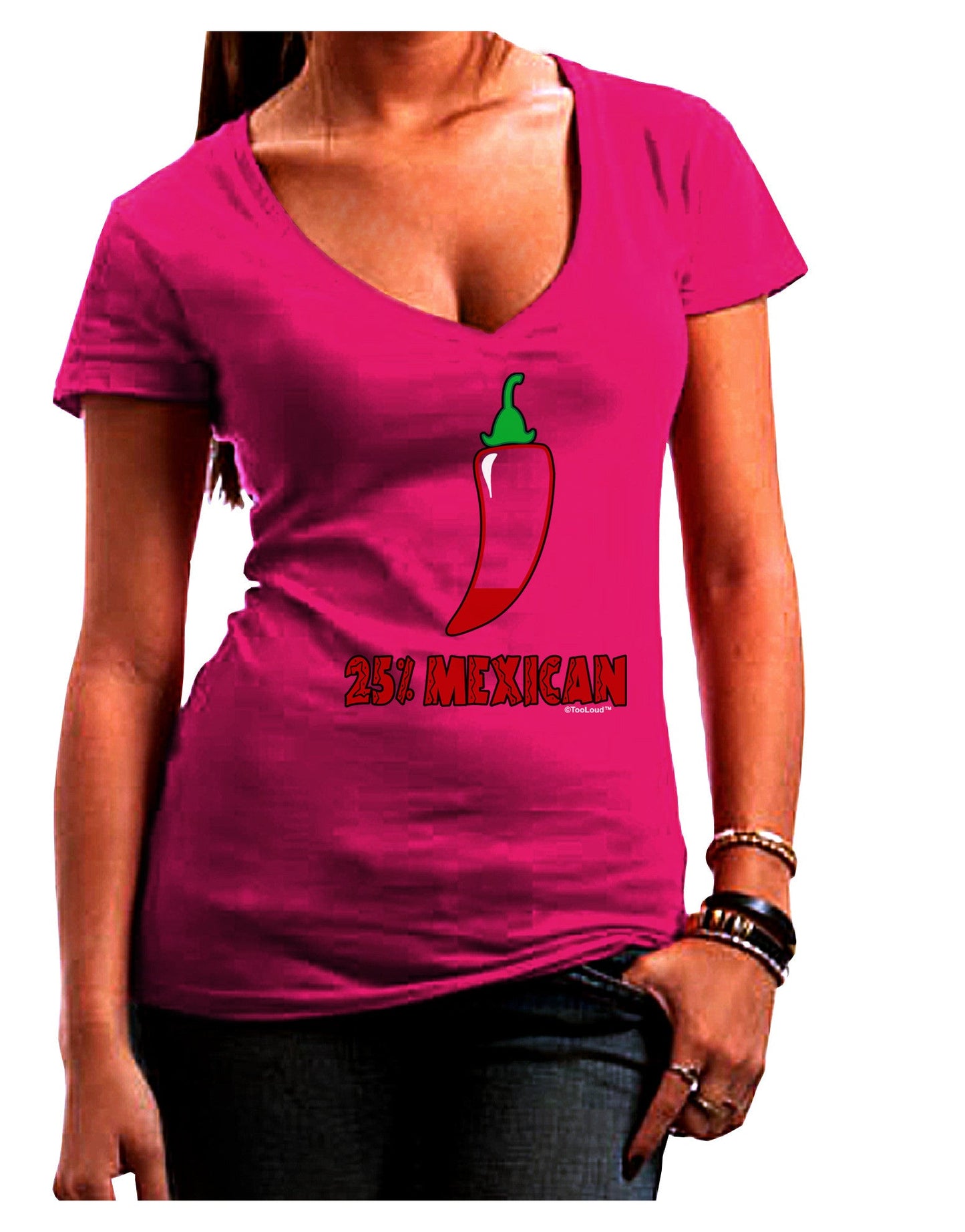 Twenty-Five Percent Mexican Juniors V-Neck Dark T-Shirt-Womens V-Neck T-Shirts-TooLoud-Hot-Pink-Juniors Fitted Small-Davson Sales