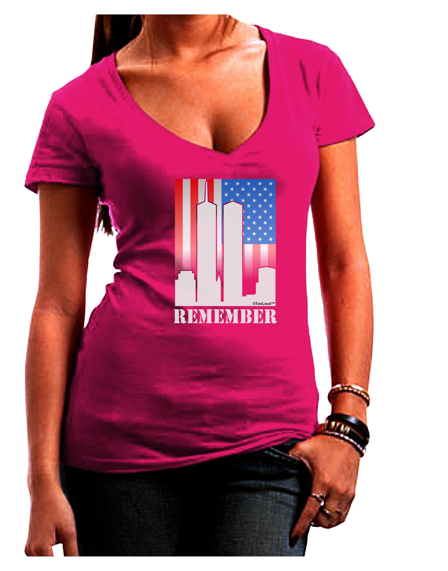 Twin Towers Remember Womens V-Neck Dark T-Shirt-Womens V-Neck T-Shirts-TooLoud-Hot-Pink-Juniors Fitted Small-Davson Sales