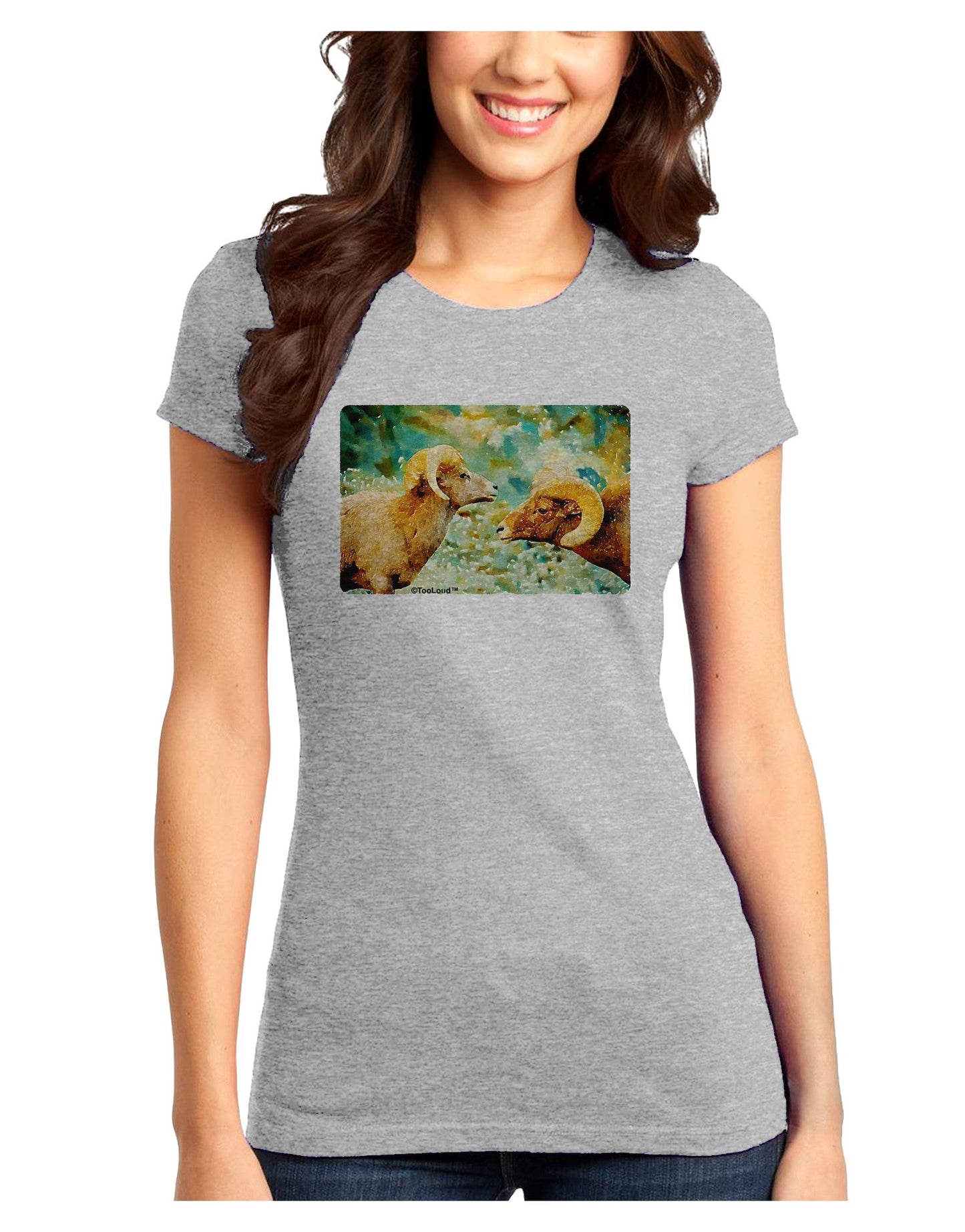 Two Bighorn Rams Watercolor Juniors T-Shirt-Womens Juniors T-Shirt-TooLoud-Ash-Gray-Juniors Fitted X-Small-Davson Sales