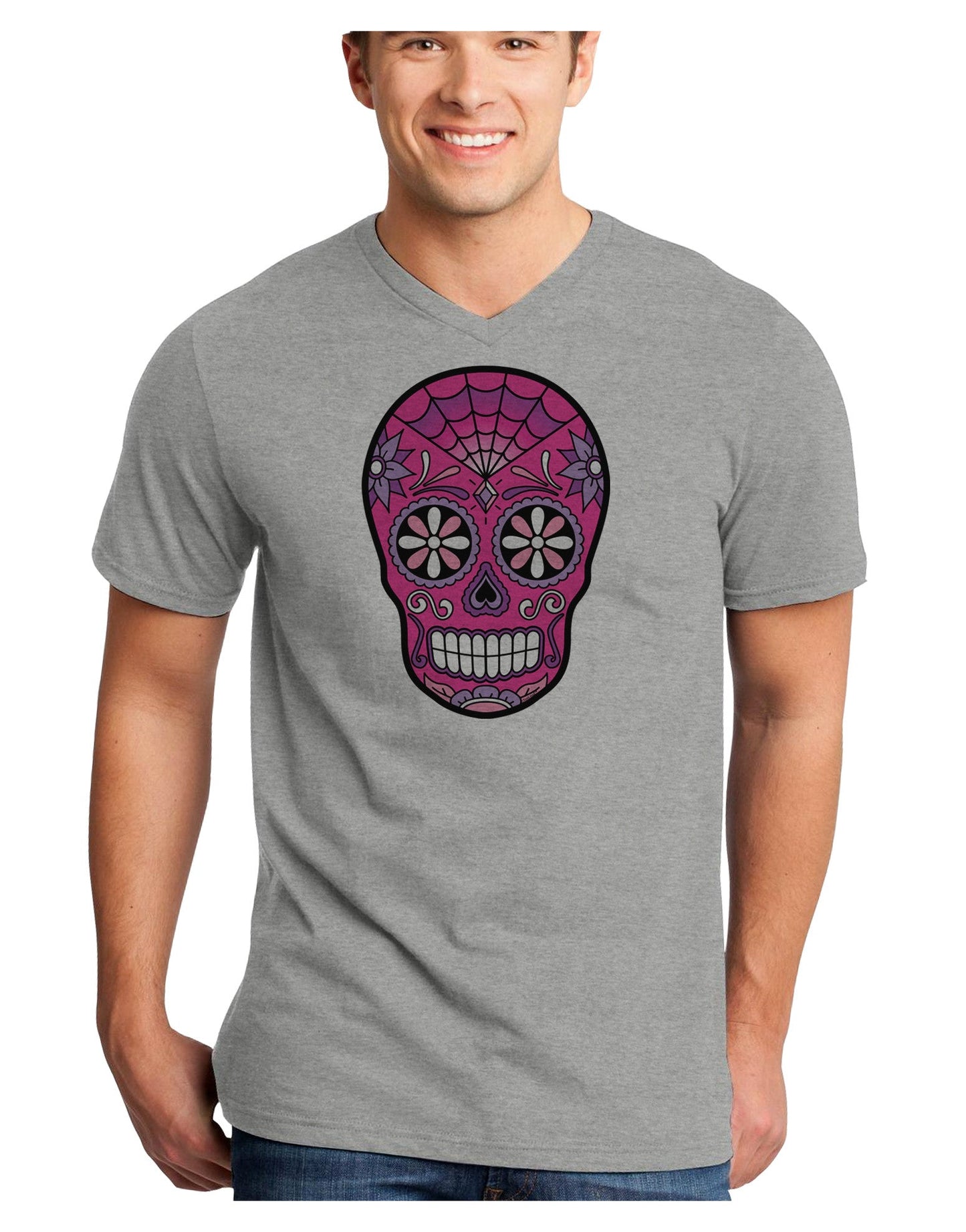 Version 4 Pink Day of the Dead Calavera Adult V-Neck T-shirt-Mens V-Neck T-Shirt-TooLoud-HeatherGray-Small-Davson Sales