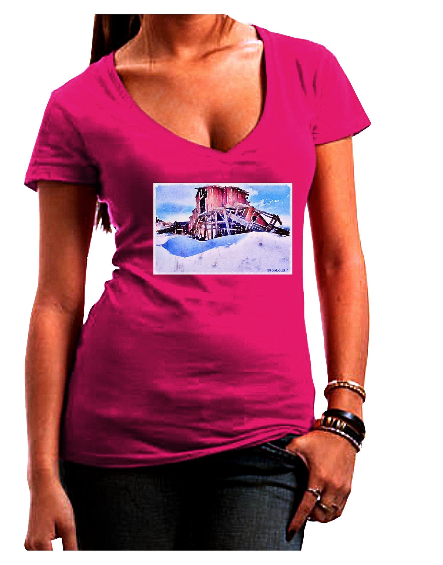 Victor Mines Colorado Watercolor Juniors V-Neck Dark T-Shirt-Womens V-Neck T-Shirts-TooLoud-Hot-Pink-Juniors Fitted Small-Davson Sales