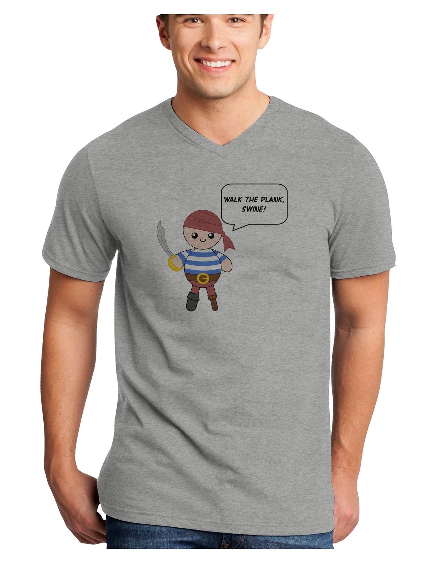 Walk the Plank Swine - Petey the Pirate Adult V-Neck T-shirt-Mens V-Neck T-Shirt-TooLoud-HeatherGray-Small-Davson Sales