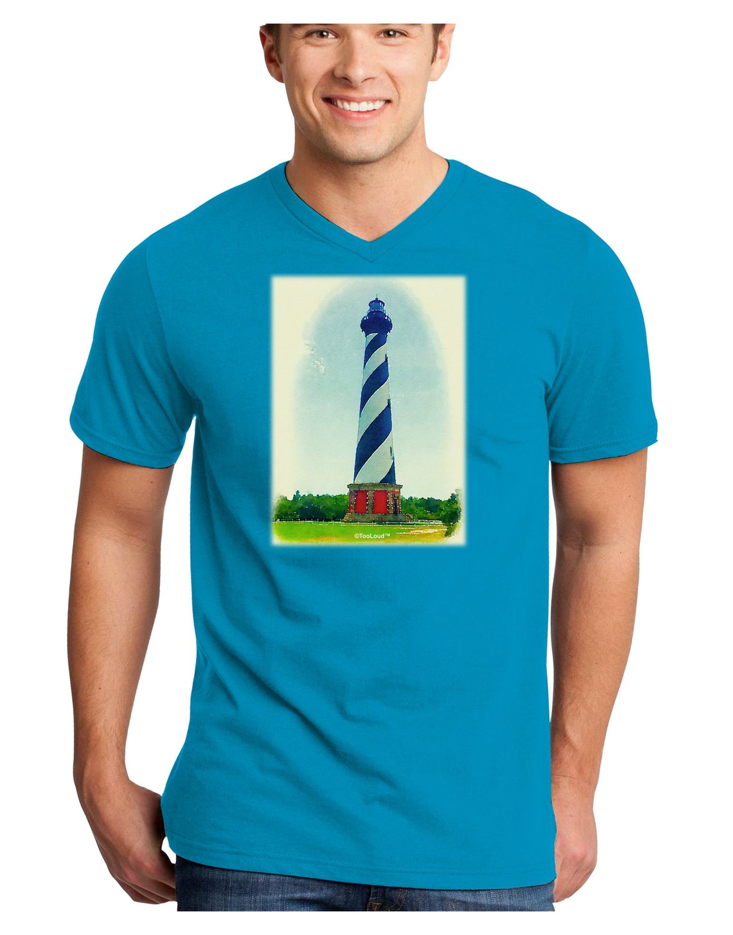 Watercolor Lighthouse 1 Adult Dark V-Neck T-Shirt-TooLoud-Turquoise-Small-Davson Sales