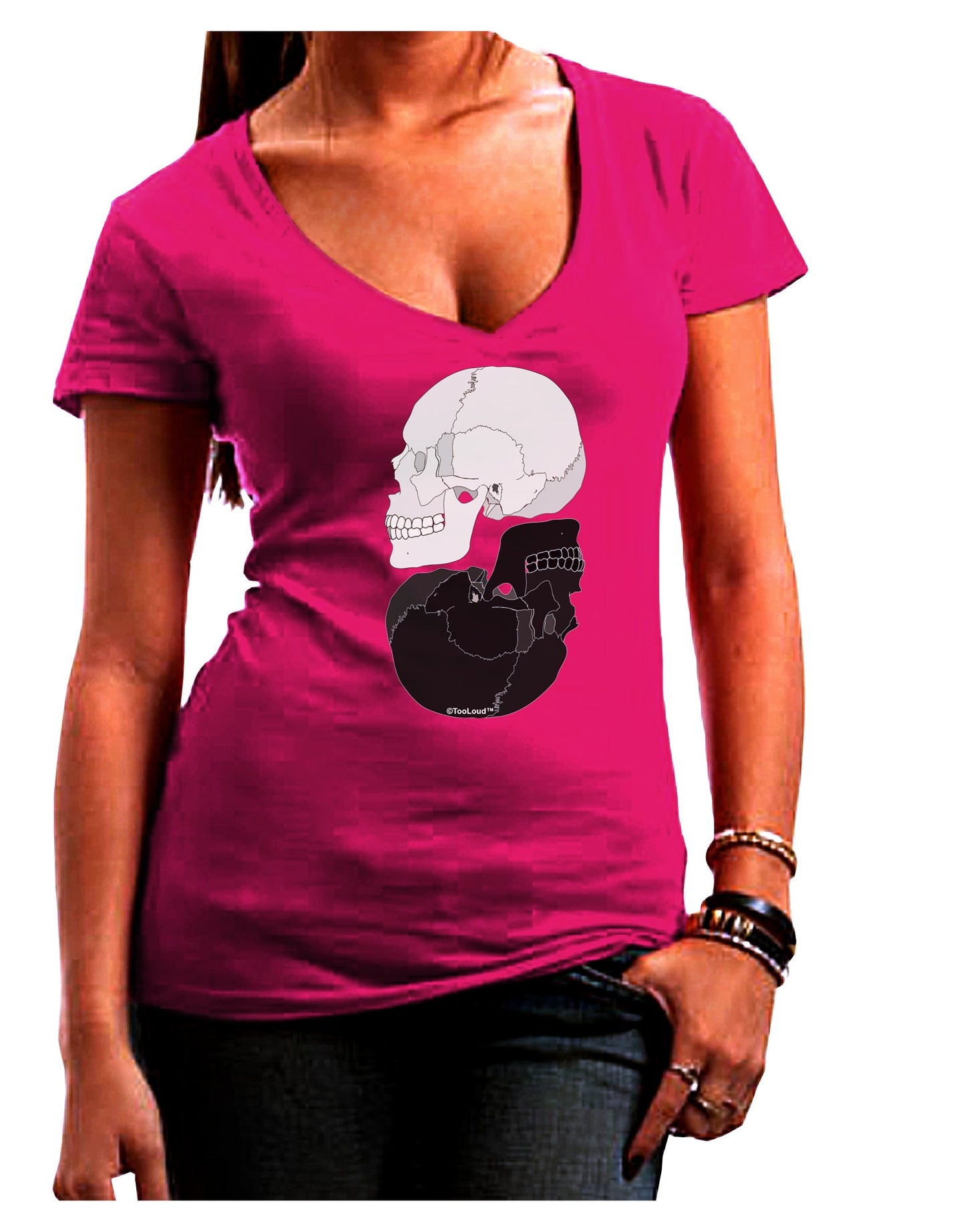 White And Black Inverted Skulls Juniors V-Neck Dark T-Shirt by TooLoud-Womens V-Neck T-Shirts-TooLoud-Hot-Pink-Juniors Fitted Small-Davson Sales