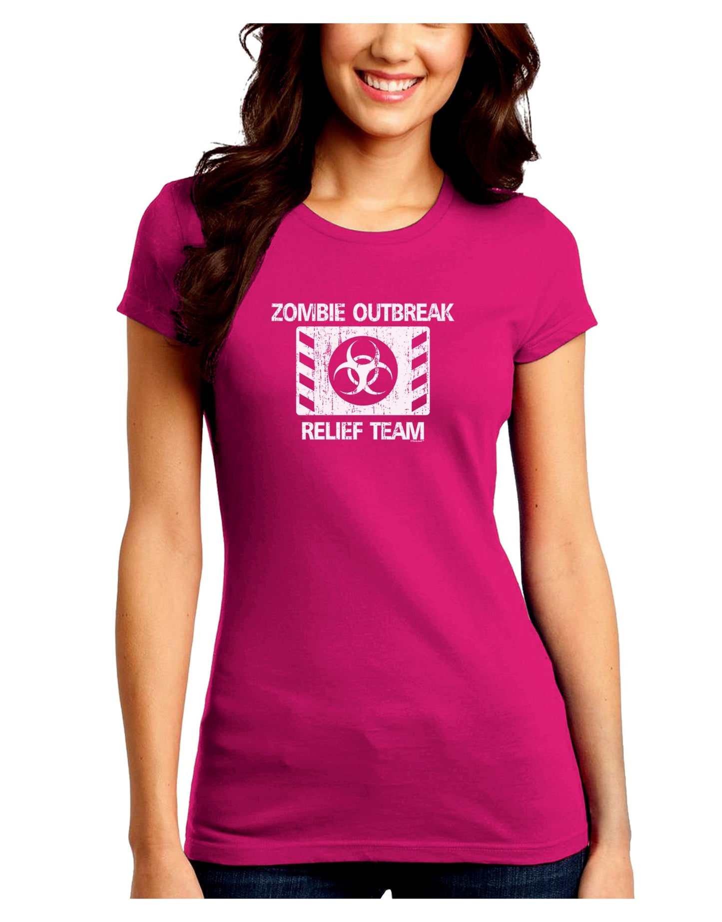 Zombie Outbreak Relief Team Biohazard Juniors Crew Dark T-Shirt-T-Shirts Juniors Tops-TooLoud-Hot-Pink-Juniors Fitted Small-Davson Sales