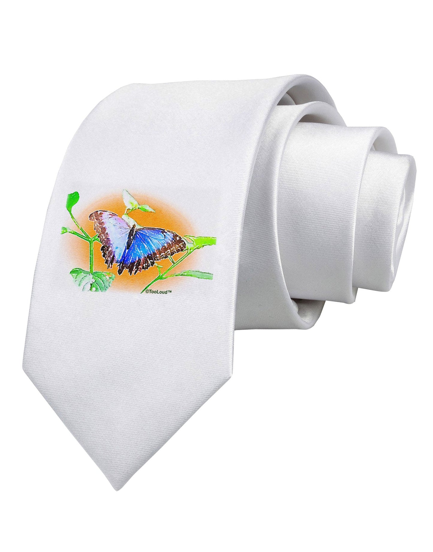 Blue Watercolor Butterfly Printed White Necktie