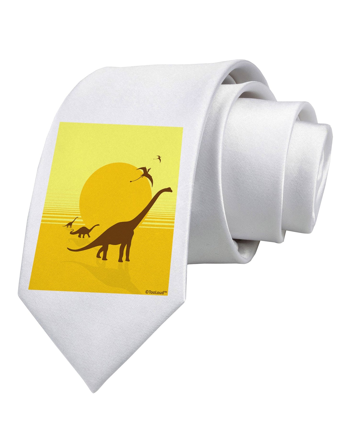 Brontosaurus and Pterodactyl Silhouettes with Sun Printed White Necktie by TooLoud
