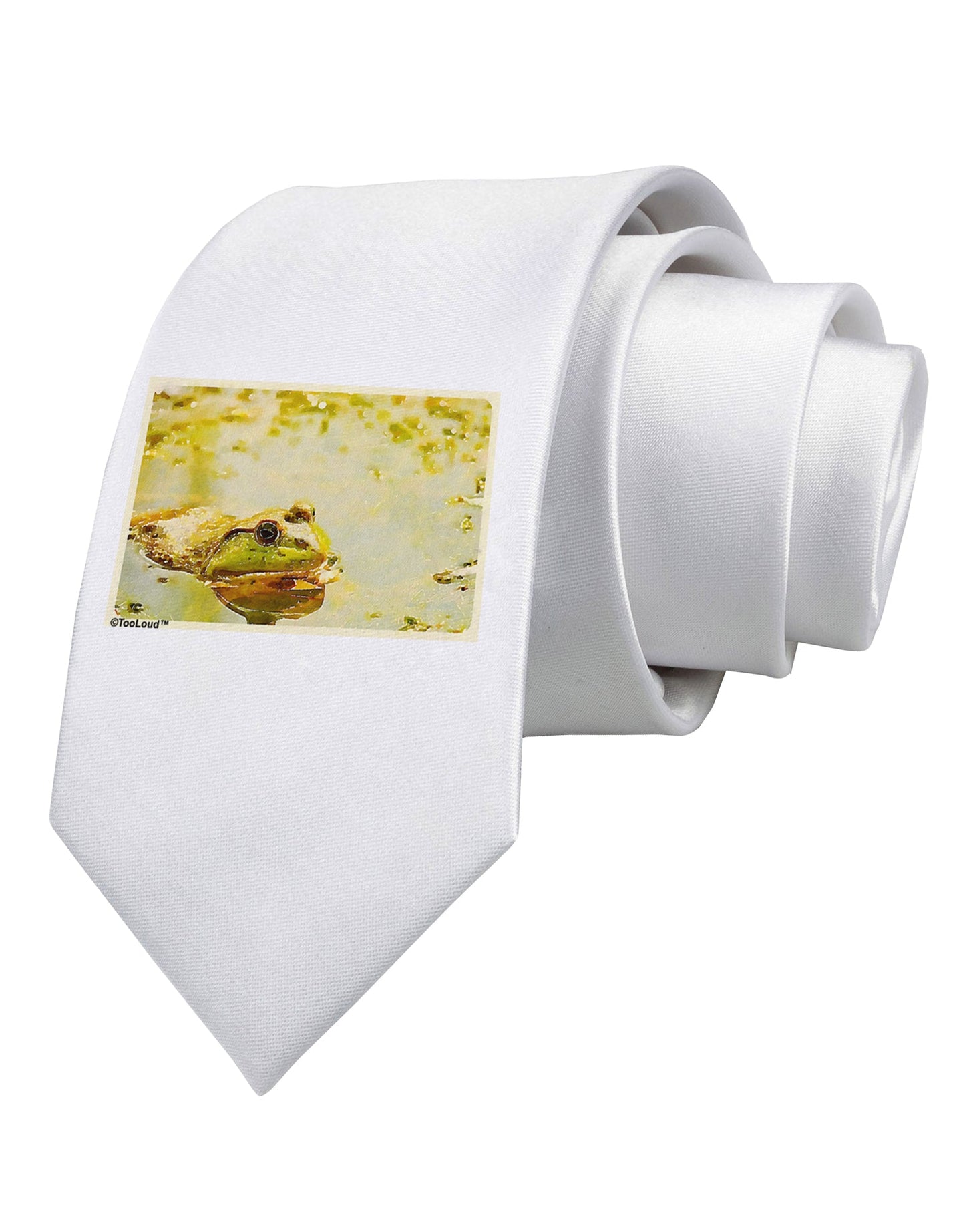 Bullfrog In Watercolor Printed White Necktie by TooLoud