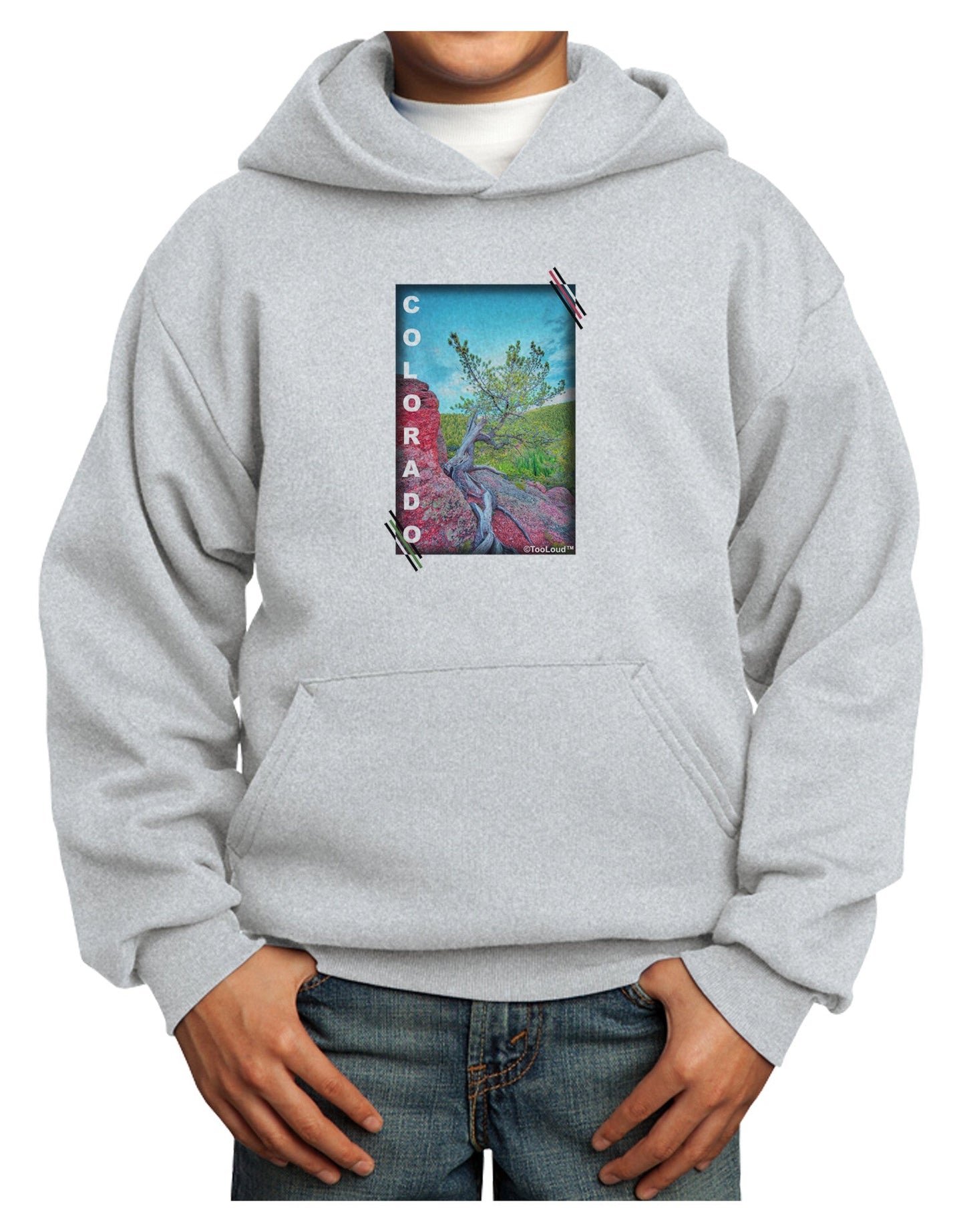 CO Cliffside Tree Text Youth Hoodie Pullover Sweatshirt-Youth Hoodie-TooLoud-Ash-XS-Davson Sales