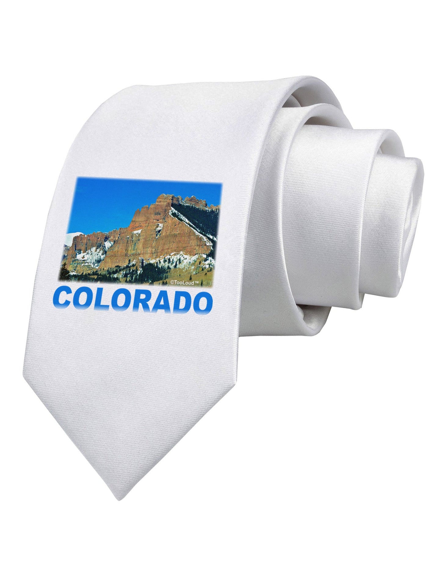 Colorado Snowy Mountains Text Printed White Necktie