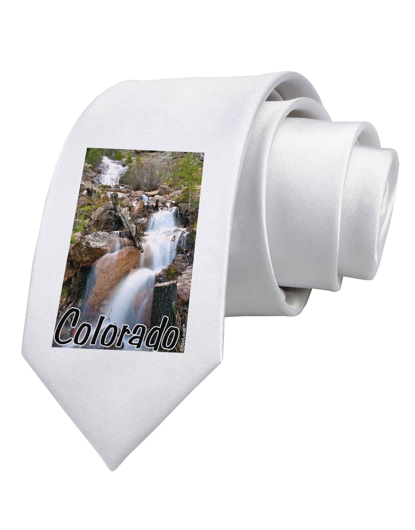Colorado Waterfall Scene Text Printed White Necktie
