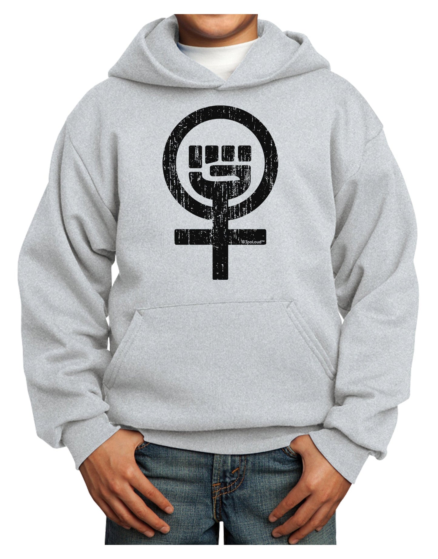 Distressed Feminism Symbol Youth Hoodie Pullover Sweatshirt-Youth Hoodie-TooLoud-Ash-XS-Davson Sales