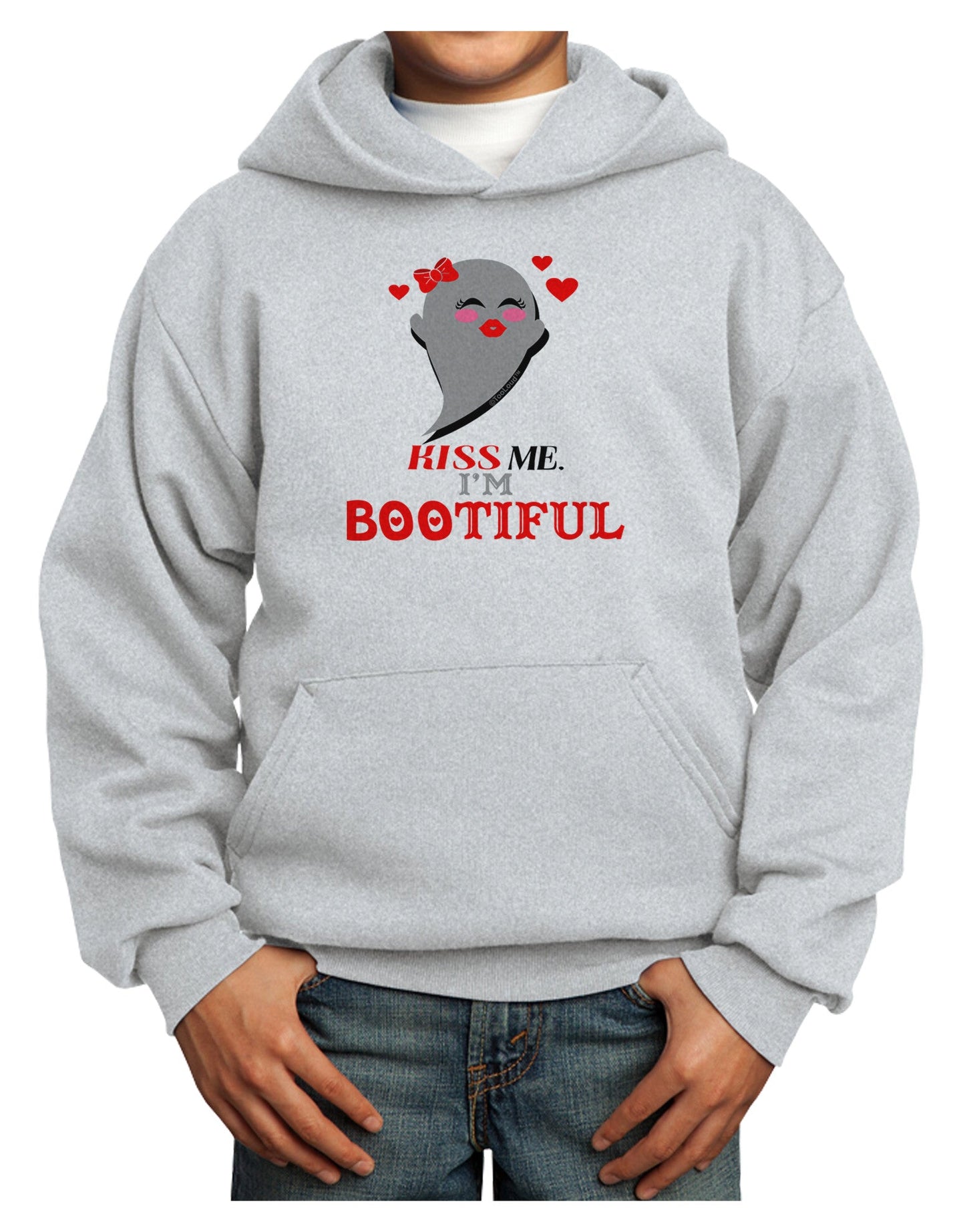 Kiss Me BOOtiful Ghost Red Youth Hoodie Pullover Sweatshirt-Youth Hoodie-TooLoud-Ash-XS-Davson Sales