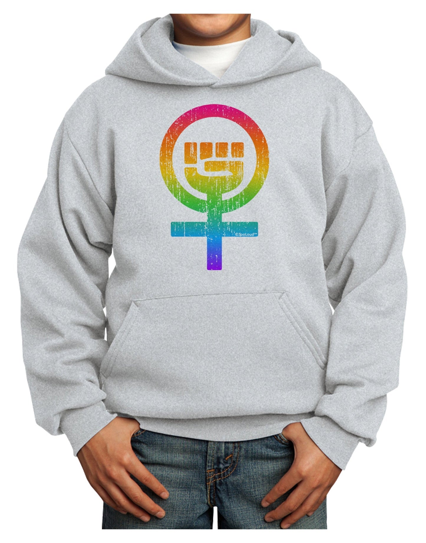Rainbow Distressed Feminism Symbol Youth Hoodie Pullover Sweatshirt-Youth Hoodie-TooLoud-Ash-XS-Davson Sales