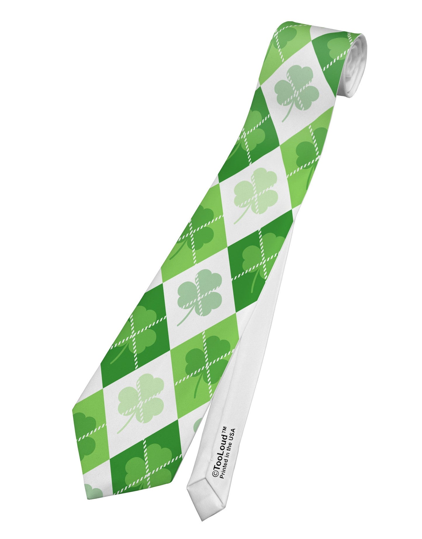 St Patrick's Day Green Shamrock Argyle Printed White Necktie All Over Print
