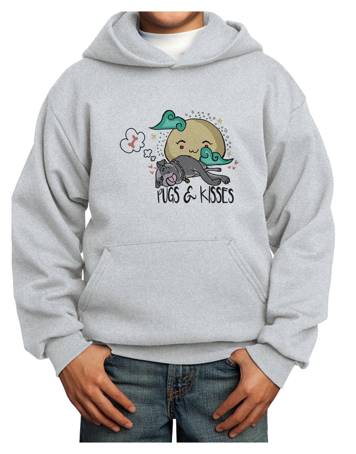 TooLoud Pugs and Kisses Youth Hoodie Pullover Sweatshirt-Youth Hoodie-TooLoud-Ash-XS-Davson Sales
