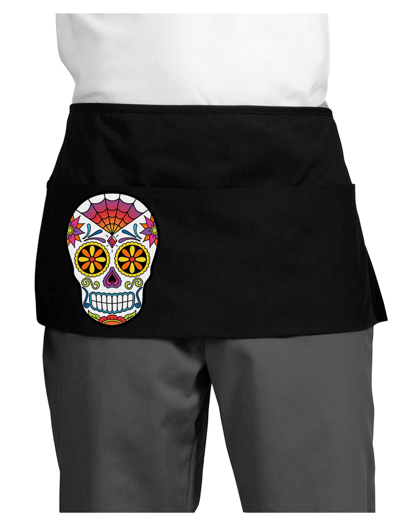 Version 1 Colorful Day of the Dead Calavera Dark Adult Mini Waist Apron, Server Apron-Mini Waist Apron-TooLoud-Black-One-Size-Davson Sales