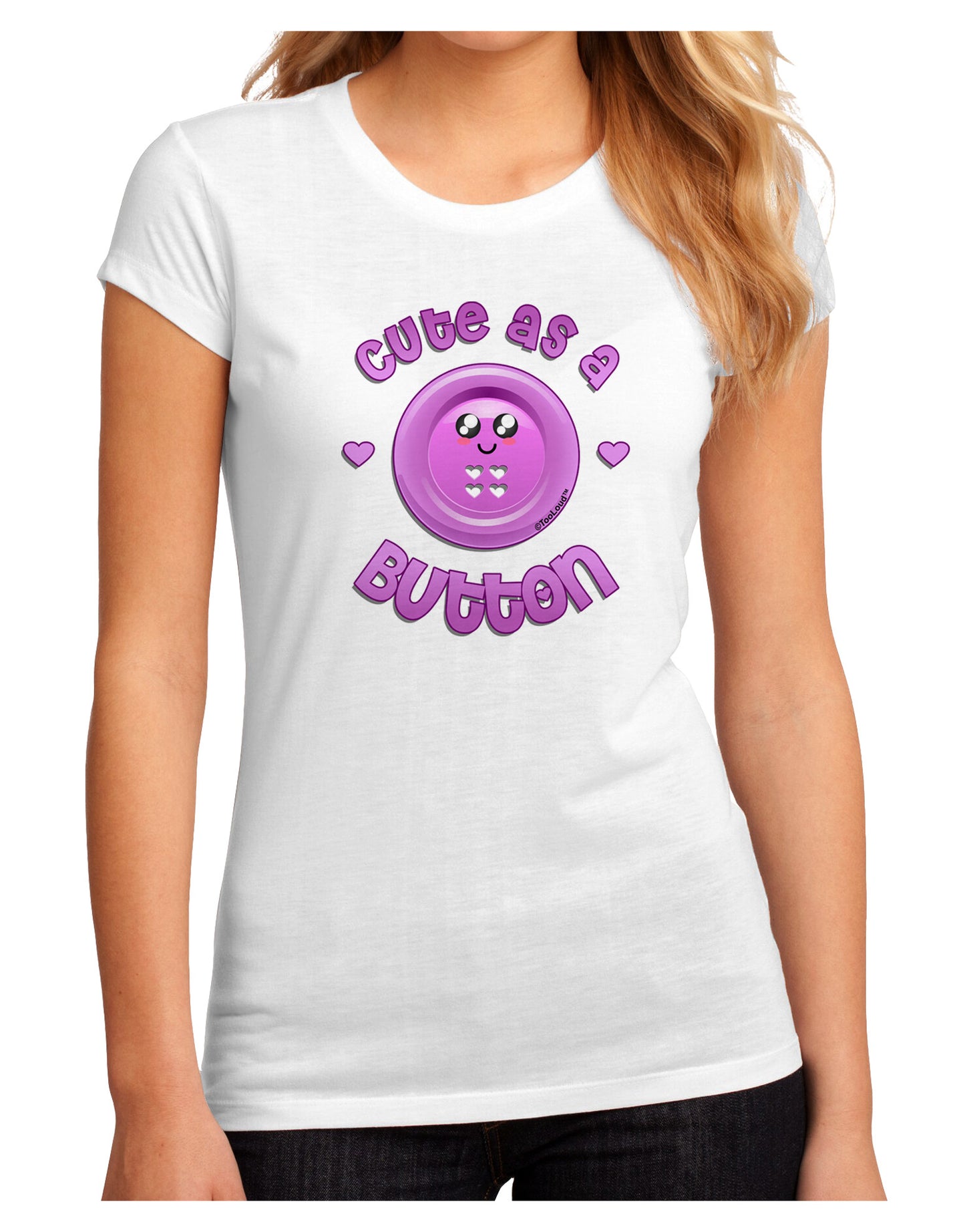 Cute As A Button Smiley Face Juniors Petite Sublimate Tee-TooLoud-White-Small-Davson Sales