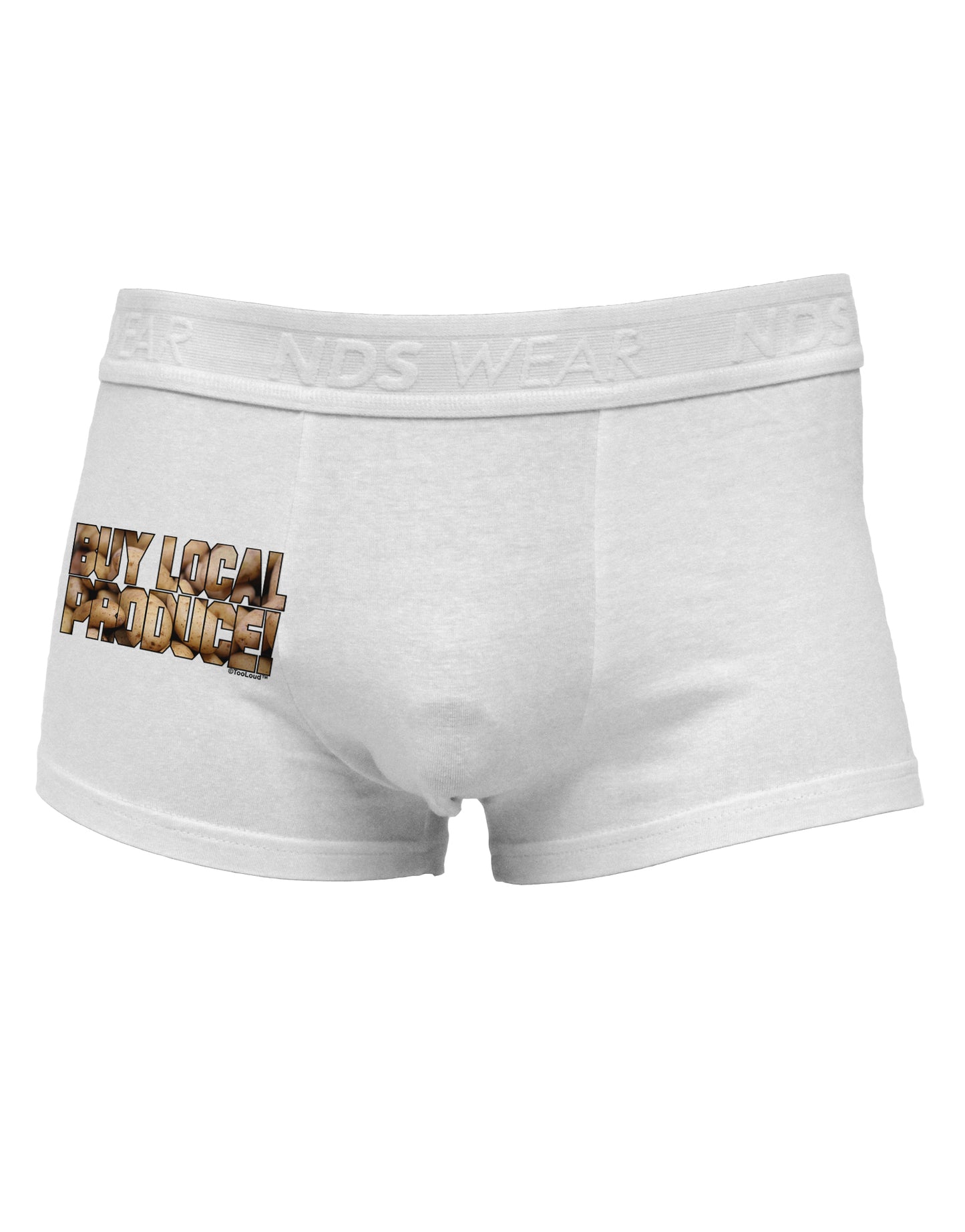 Buy Local Produce Potatoes Text Side Printed Mens Trunk Underwear-Mens Trunk Underwear-NDS Wear-White-Small-Davson Sales