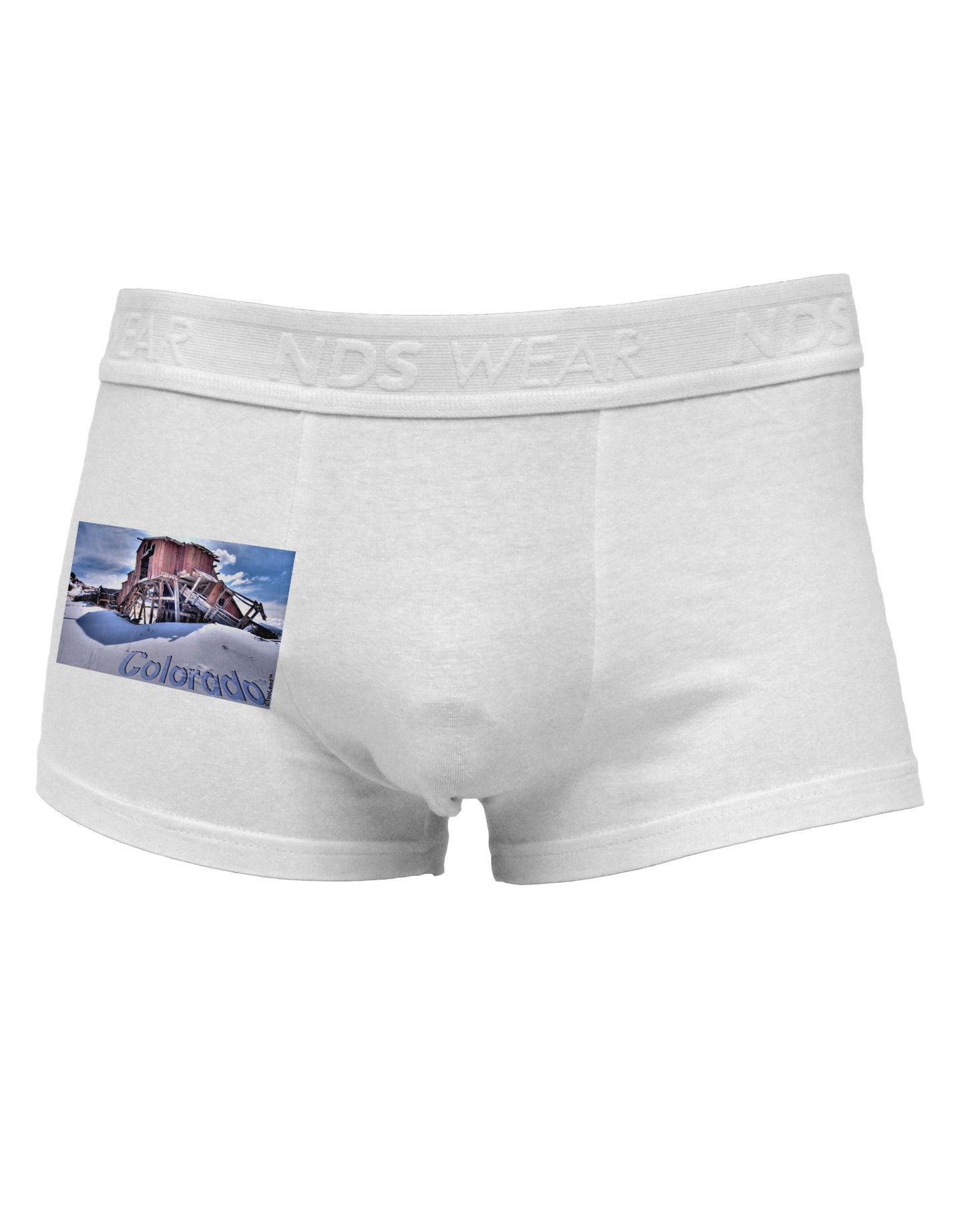 TooLoud Victor Mines Colorado Text Side Printed Mens Trunk Underwear-Mens Trunk Underwear-NDS Wear-White-Small-Davson Sales