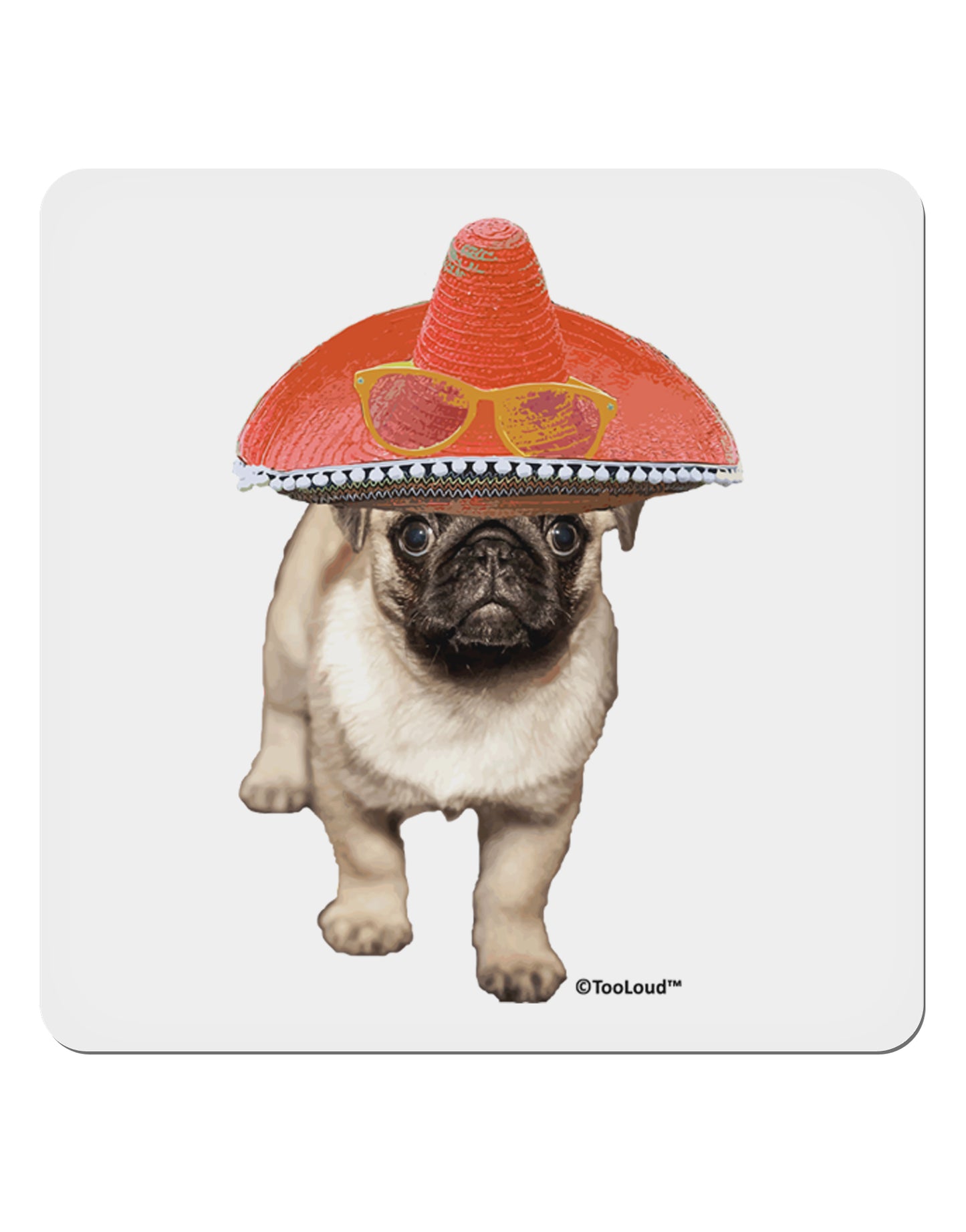 Pug Dog with Pink Sombrero 4x4" Square Sticker 4 Pieces-Stickers-TooLoud-White-Davson Sales