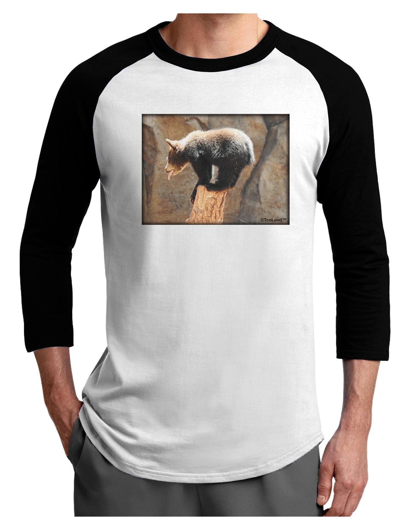 Balancing Bear Cub Adult Raglan Shirt-TooLoud-White-Black-XXX-Large-Davson Sales