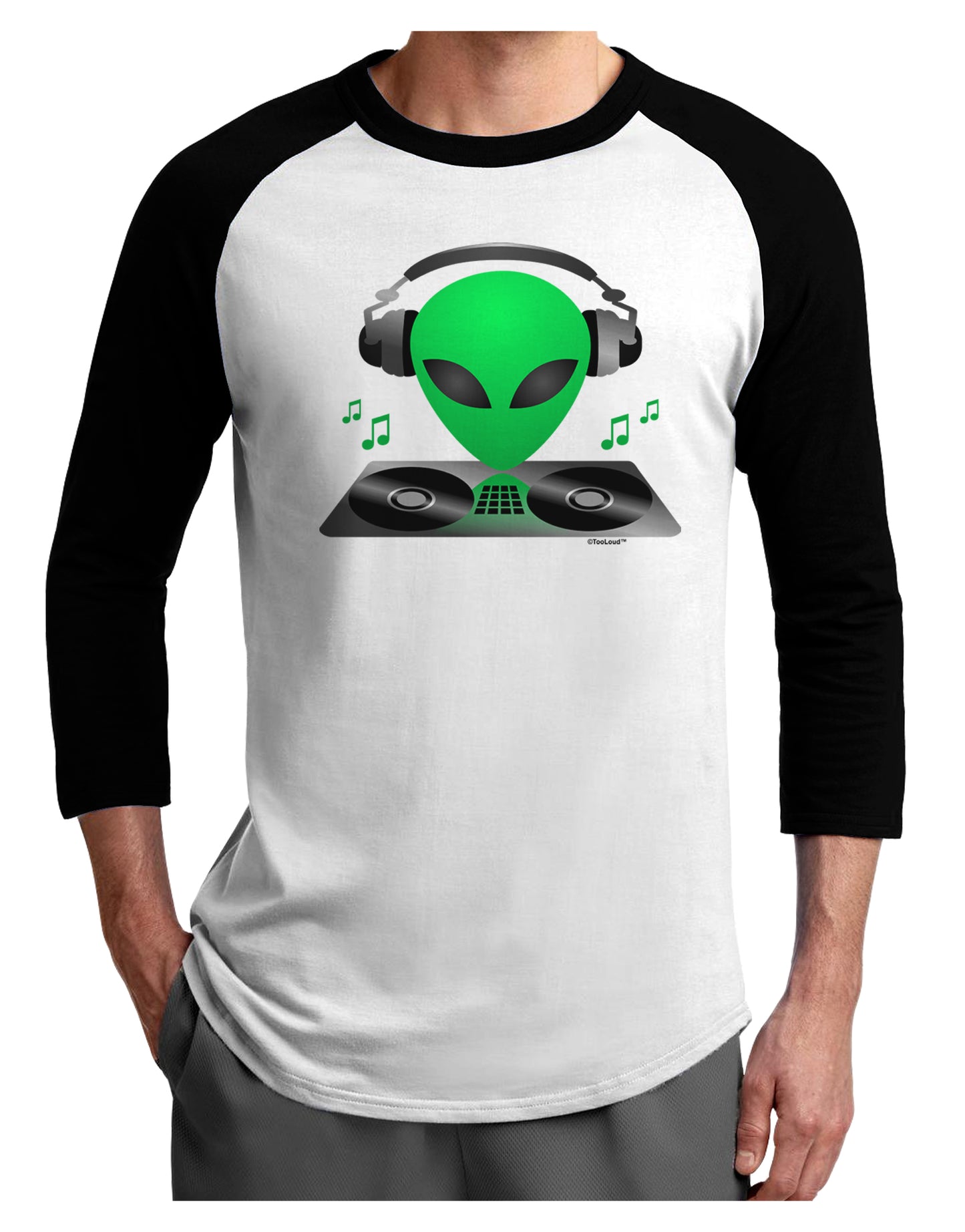 Alien DJ Adult Raglan Shirt-TooLoud-White-Black-X-Small-Davson Sales