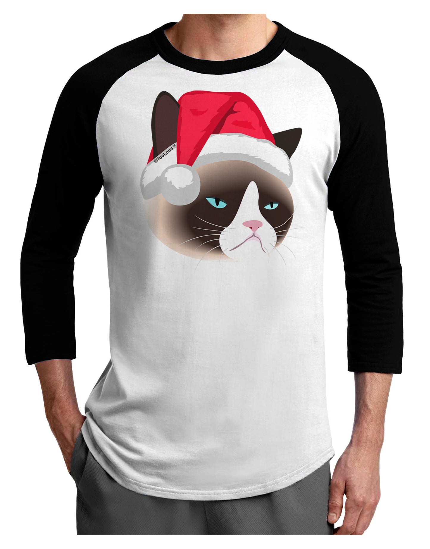 Santa Hat Disgruntled Siamese Cat Adult Raglan Shirt by-Raglan Shirt-TooLoud-White-Black-X-Small-Davson Sales