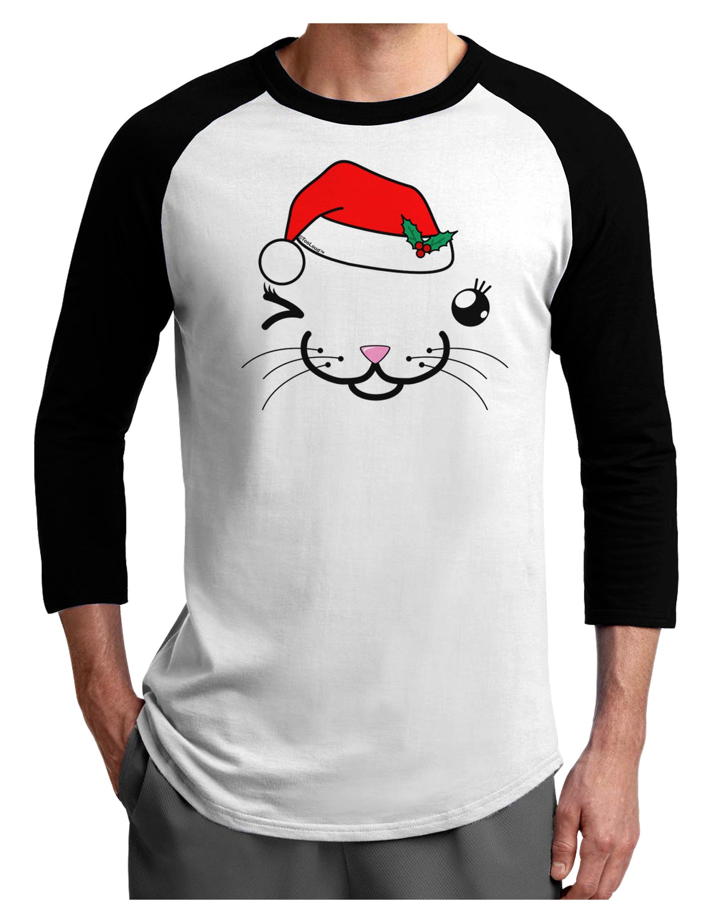 Kyu-T Face Kattia Santa Hat Girl Cat Adult Raglan Shirt-TooLoud-White-Black-X-Small-Davson Sales