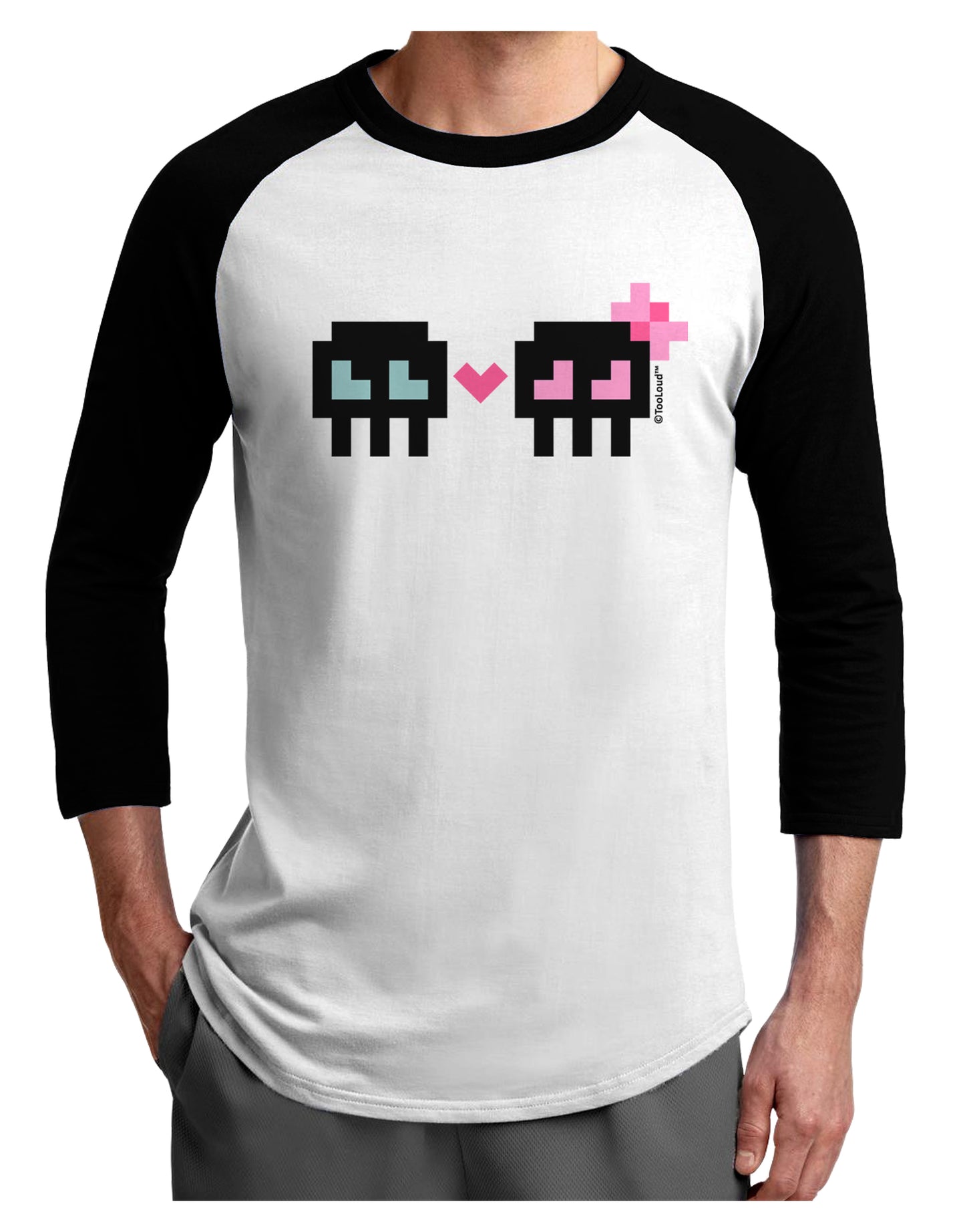 8-Bit Skull Love - Boy and Girl Adult Raglan Shirt-TooLoud-White-Black-X-Small-Davson Sales