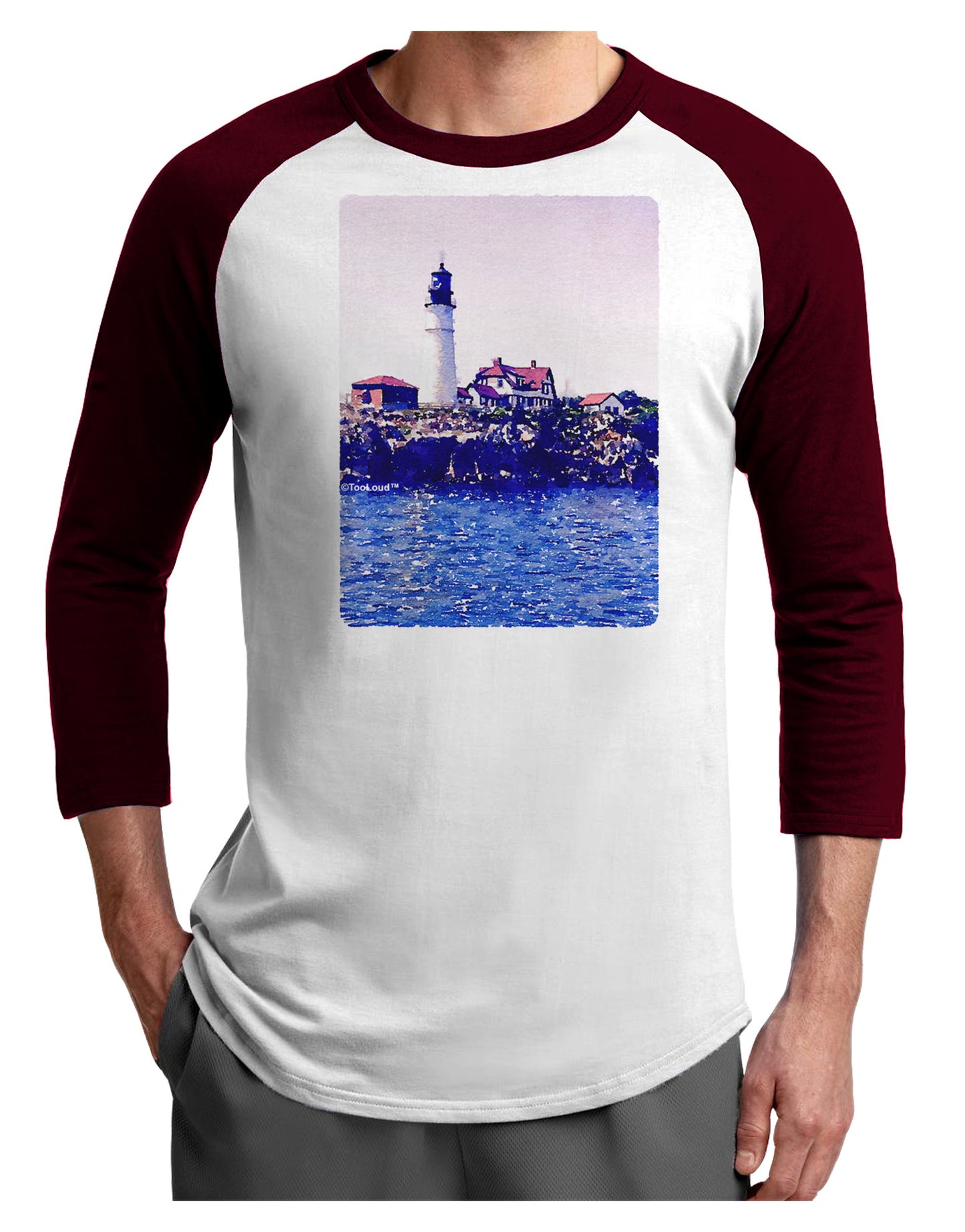 Watercolor Lighthouse 2 Adult Raglan Shirt-TooLoud-White-Cardinal-X-Small-Davson Sales