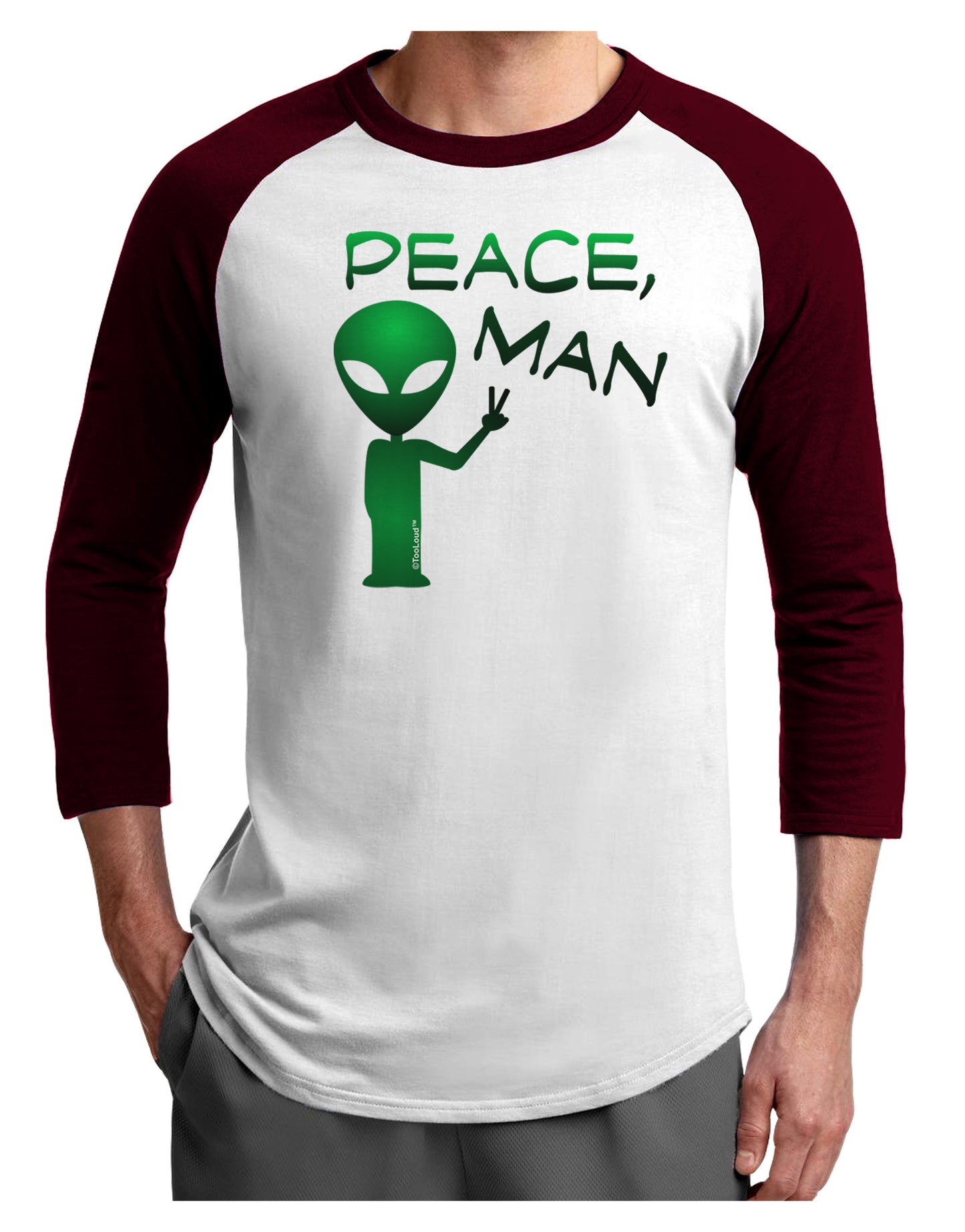 Peace Man Alien Adult Raglan Shirt-TooLoud-White-Cardinal-X-Small-Davson Sales