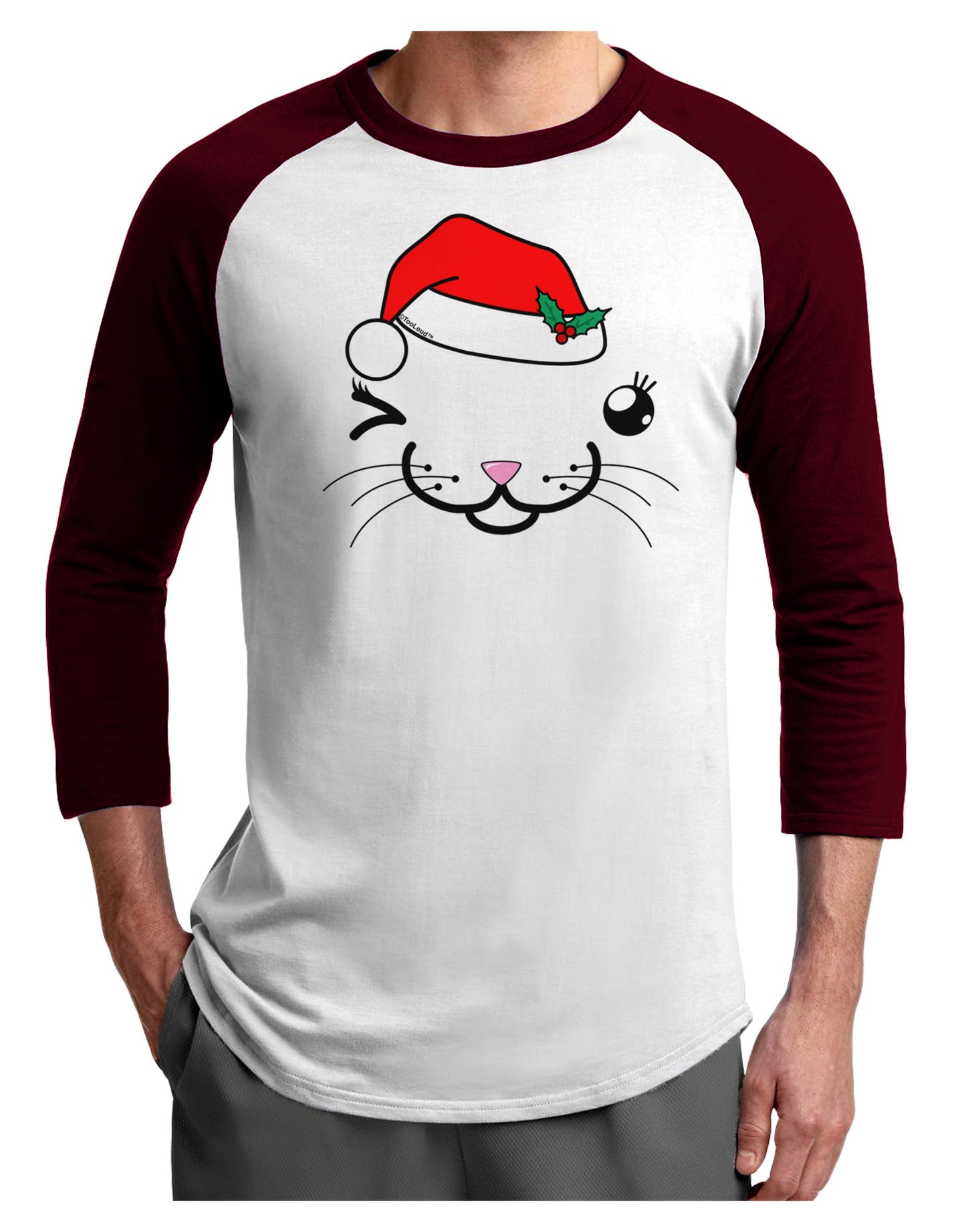Kyu-T Face Kattia Santa Hat Girl Cat Adult Raglan Shirt-TooLoud-White-Cardinal-X-Small-Davson Sales