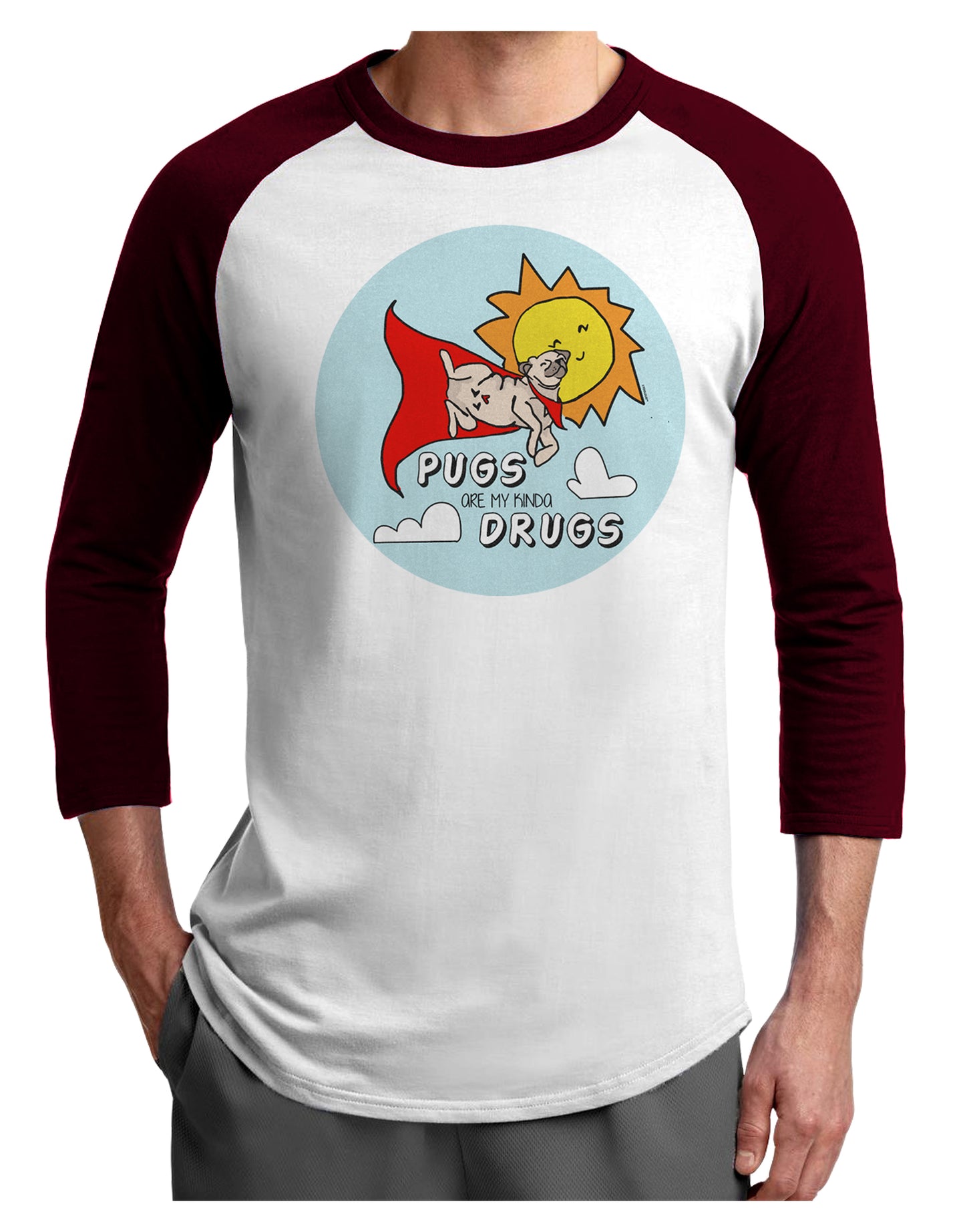 TooLoud Pugs Are My Kinda Drugs Adult Raglan Shirt-Mens-Tshirts-TooLoud-White-Cardinal-X-Small-Davson Sales