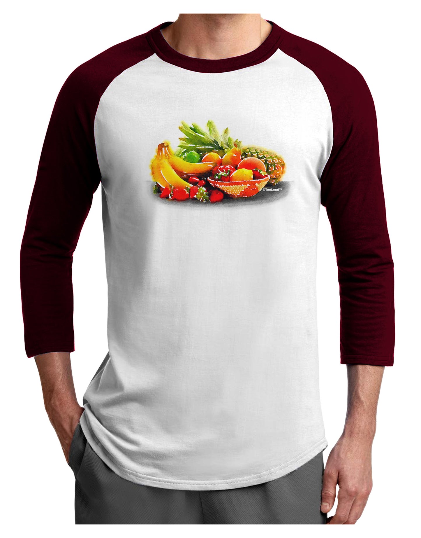 Watercolor Fruit Bowl 1 Adult Raglan Shirt-TooLoud-White-Cardinal-X-Small-Davson Sales