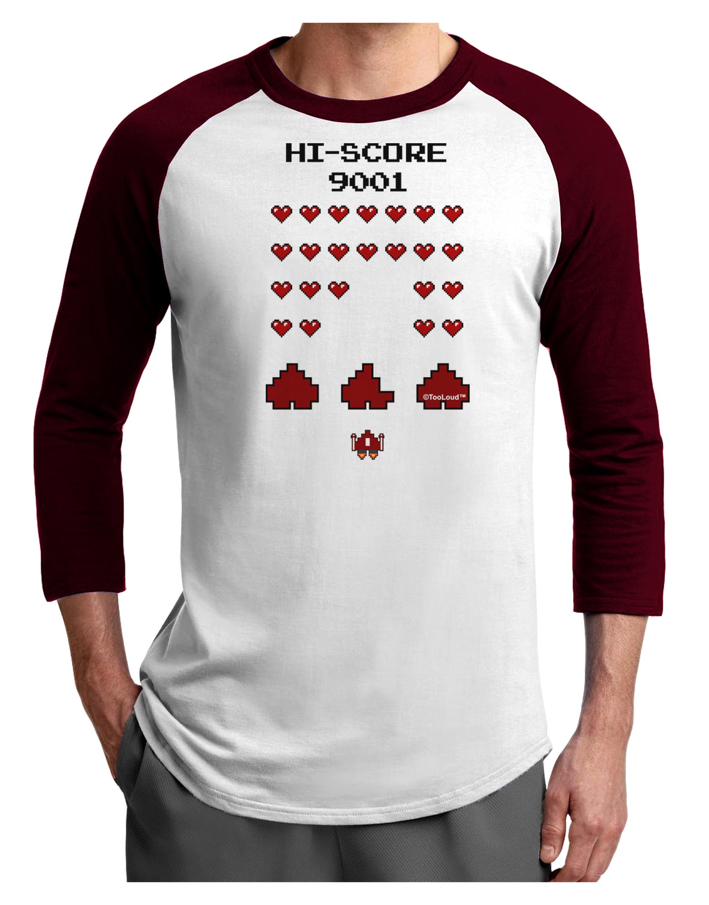 Pixel Heart Invaders Design Adult Raglan Shirt-TooLoud-White-Cardinal-X-Small-Davson Sales
