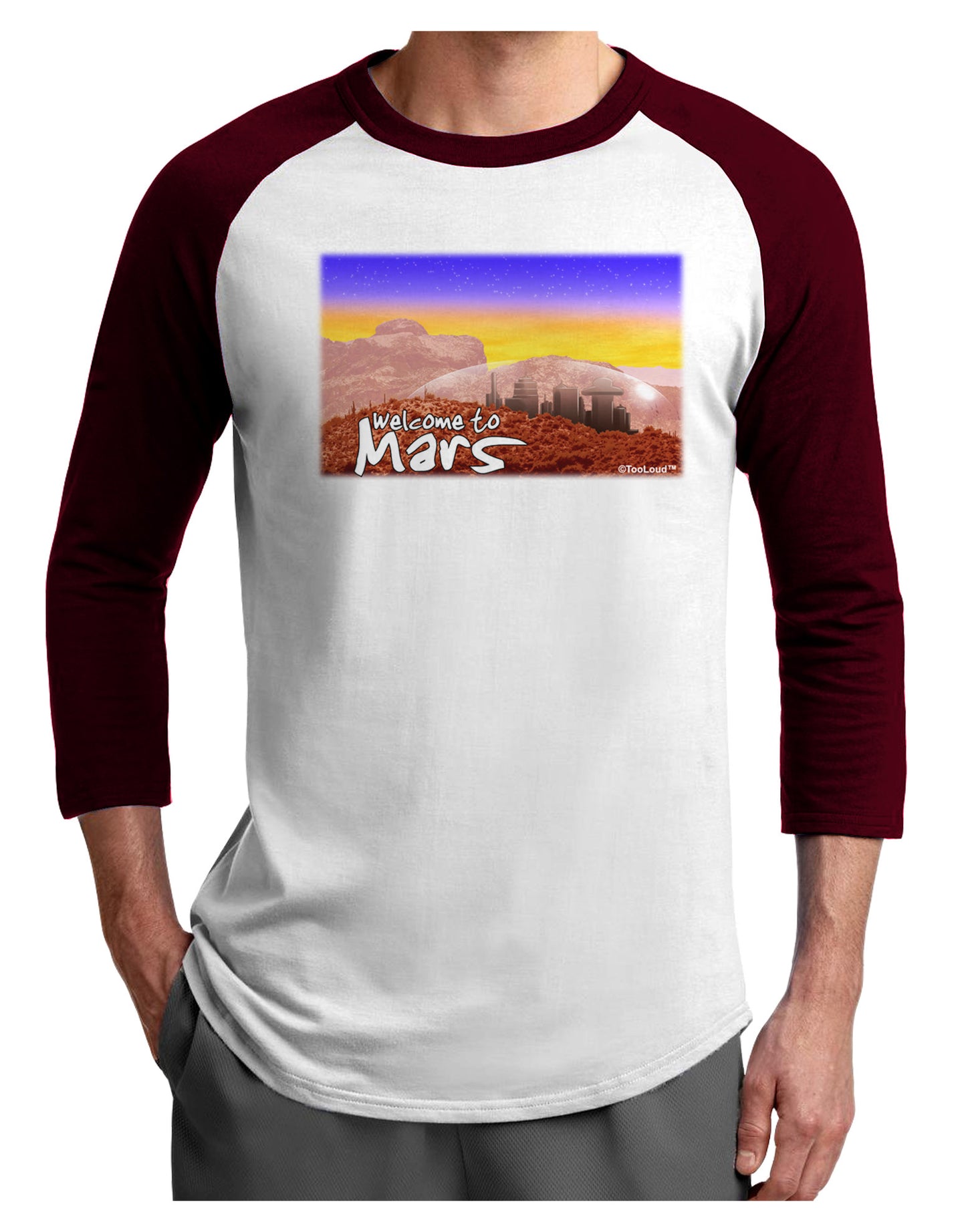 Welcome to Mars Adult Raglan Shirt-TooLoud-White-Cardinal-X-Small-Davson Sales