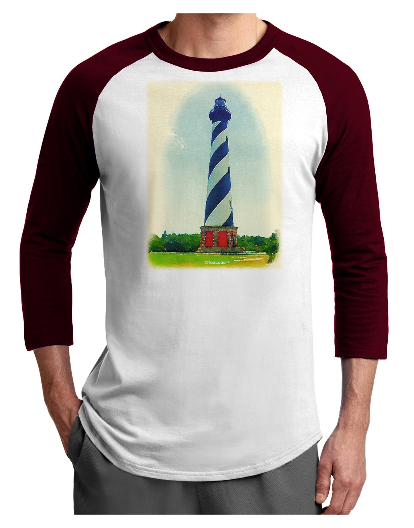 Watercolor Lighthouse 1 Adult Raglan Shirt-TooLoud-White-Cardinal-X-Small-Davson Sales