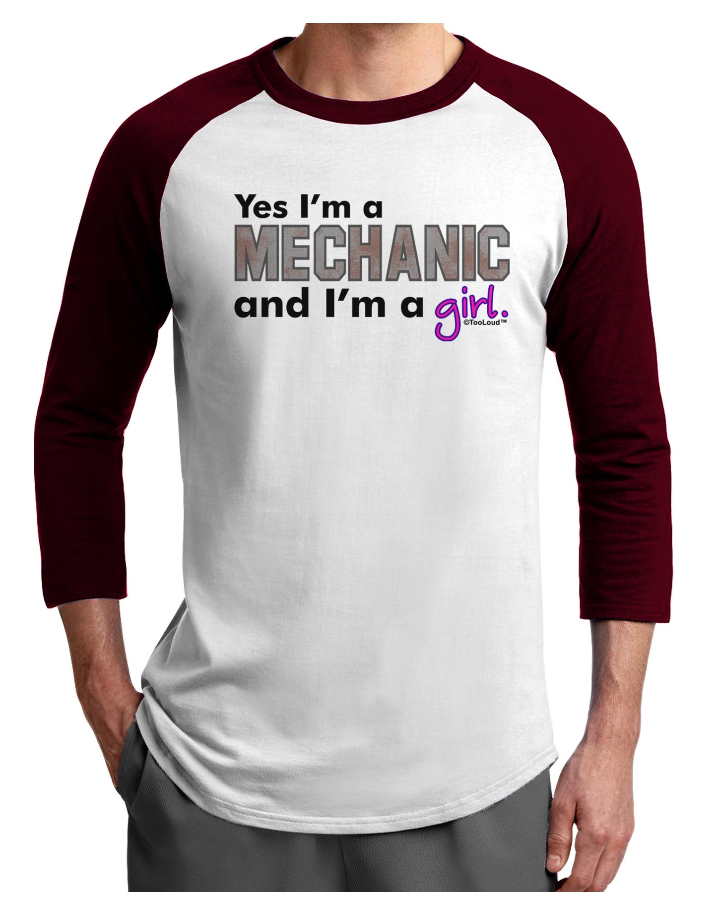 Yes I am a Mechanic Girl Adult Raglan Shirt-TooLoud-White-Cardinal-X-Small-Davson Sales