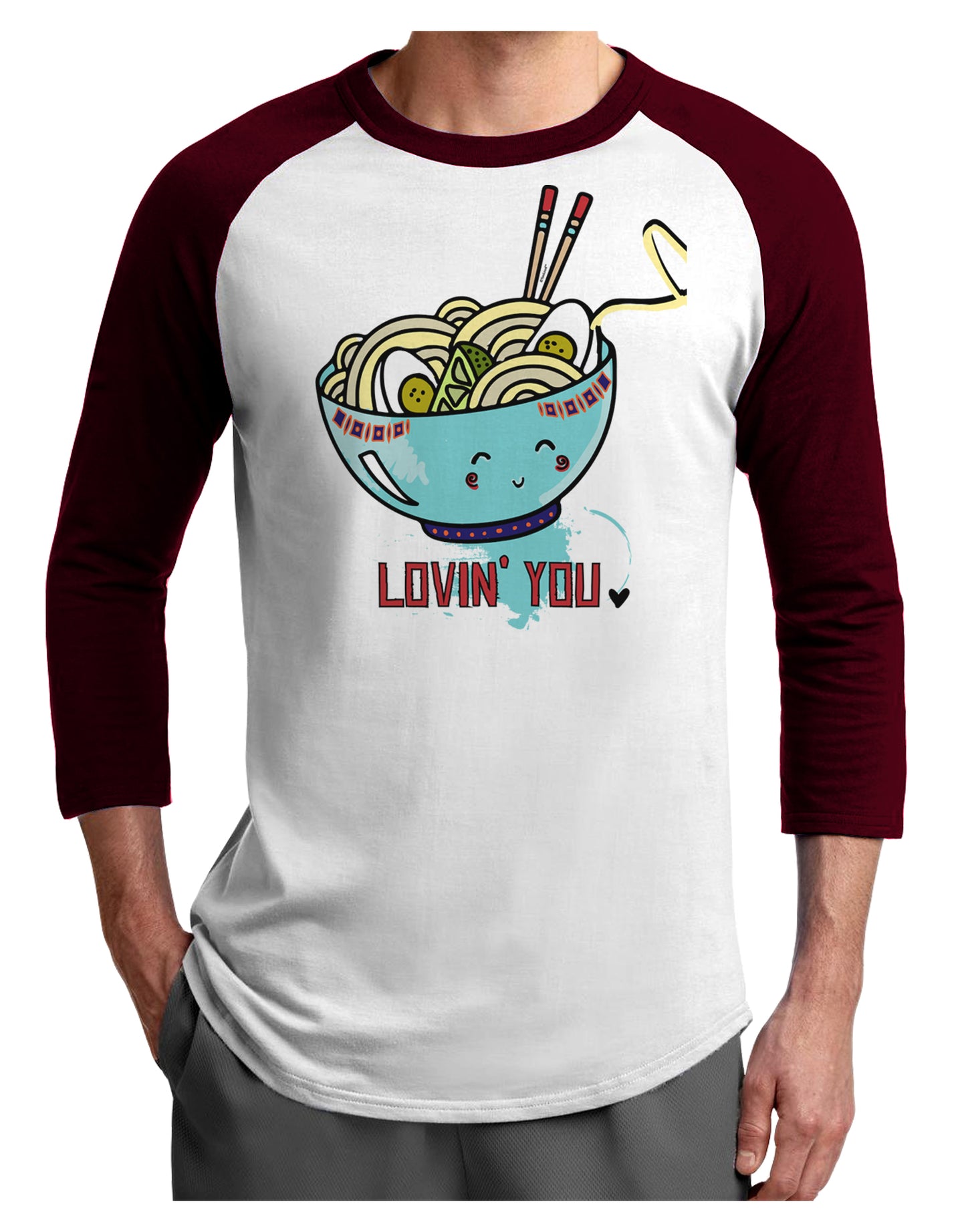 TooLoud Matching Lovin You Blue Pho Bowl Adult Raglan Shirt-Mens-Tshirts-TooLoud-White-Cardinal-X-Small-Davson Sales