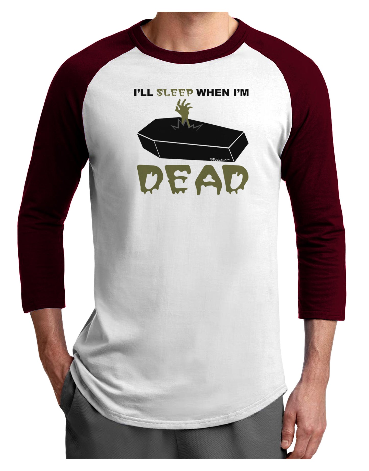 Sleep When Dead Coffin Adult Raglan Shirt-TooLoud-White-Cardinal-X-Small-Davson Sales