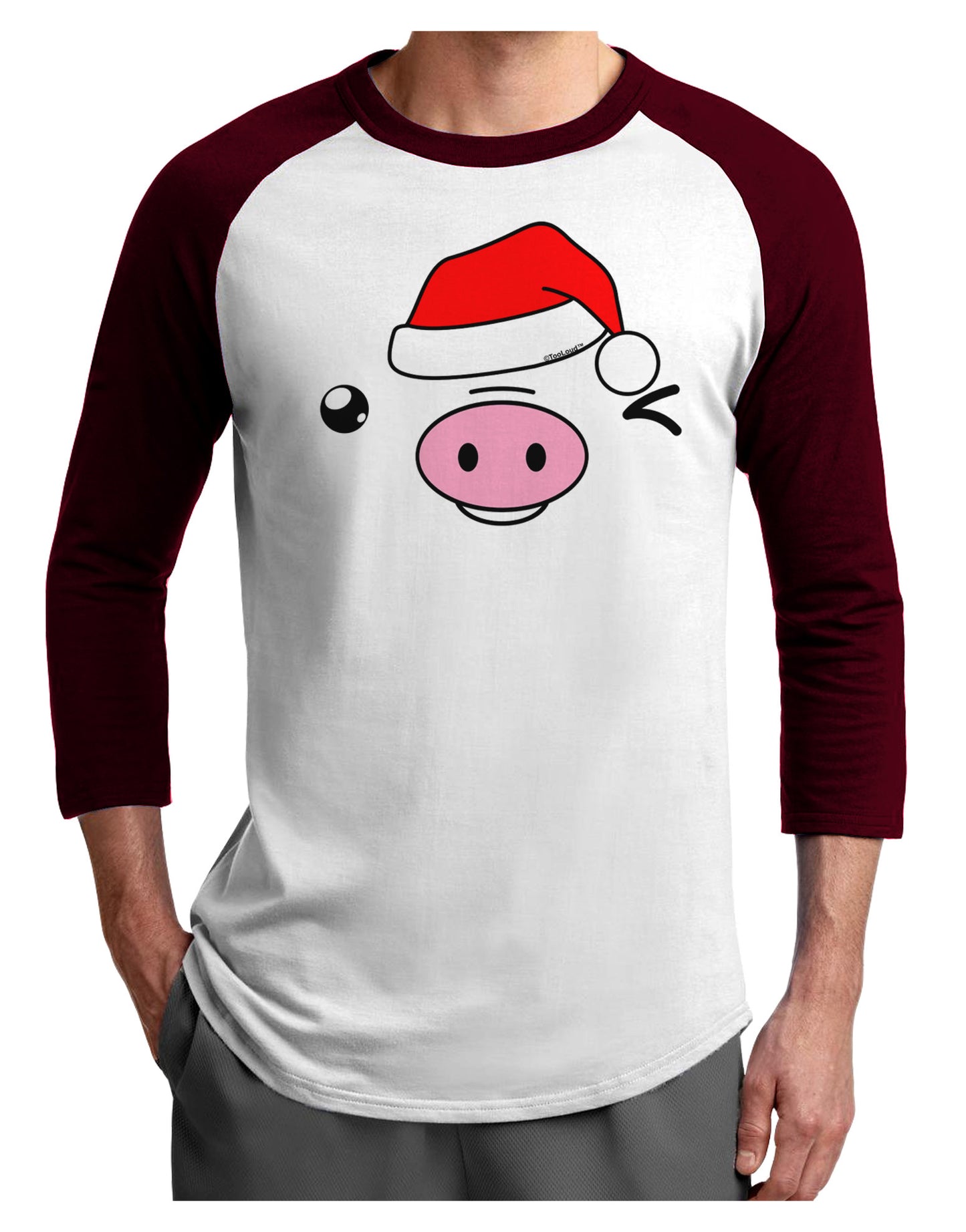 Kyu-T Face Oinkz Santa Hat Boy Pig Adult Raglan Shirt-TooLoud-White-Cardinal-X-Small-Davson Sales