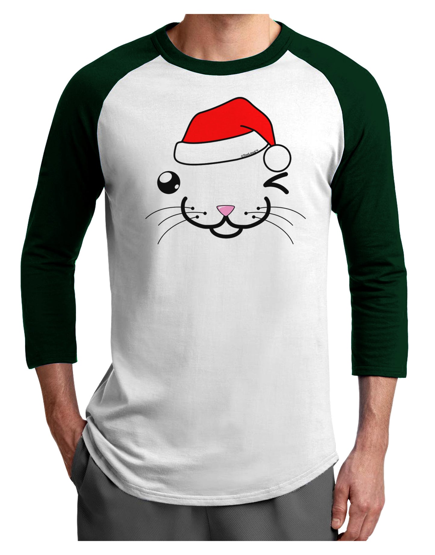 Kyu-T Face Kattio Santa Hat Boy Cat Adult Raglan Shirt-TooLoud-White-Forest-X-Small-Davson Sales