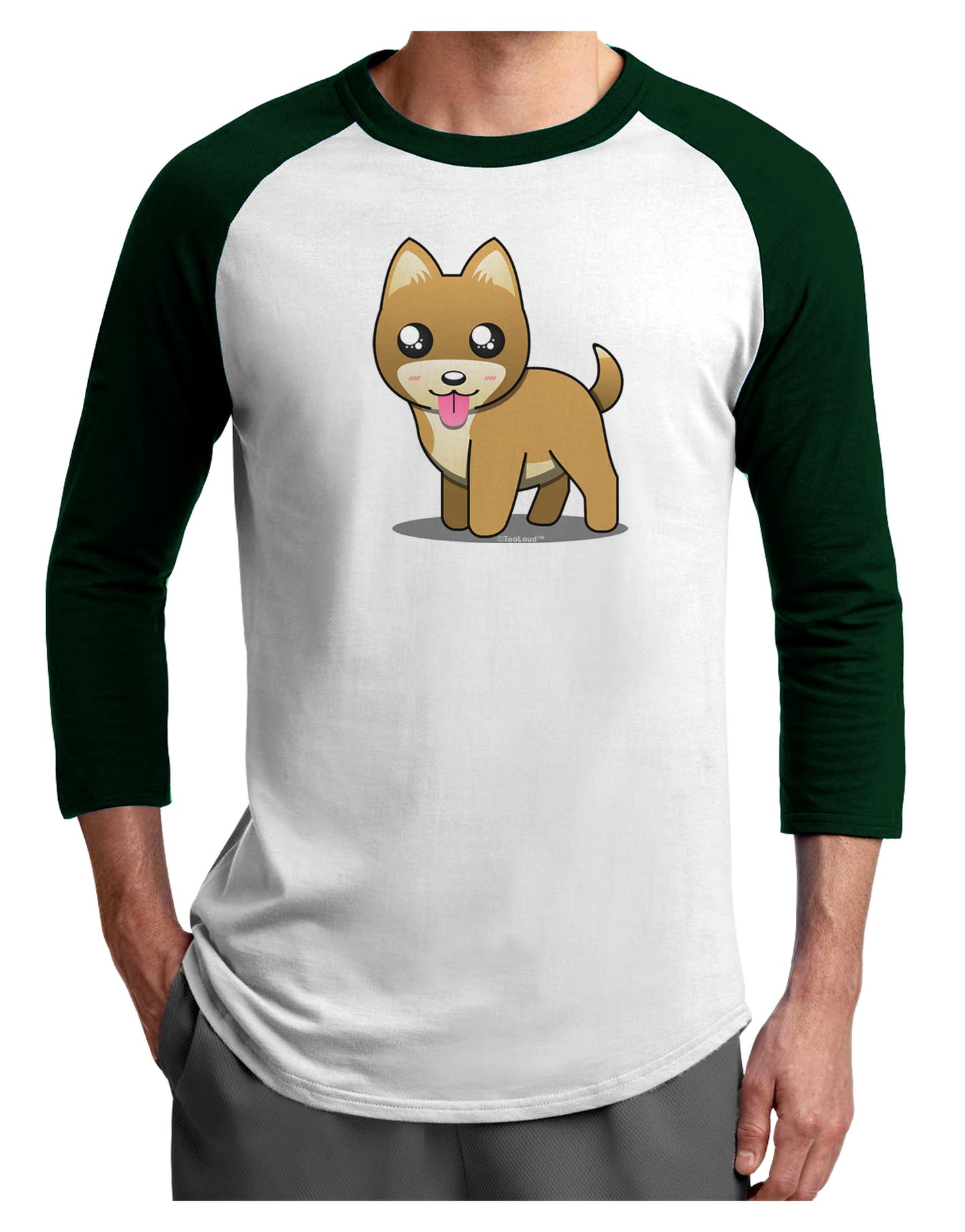 Kawaii Standing Puppy Adult Raglan Shirt-TooLoud-White-Forest-X-Small-Davson Sales